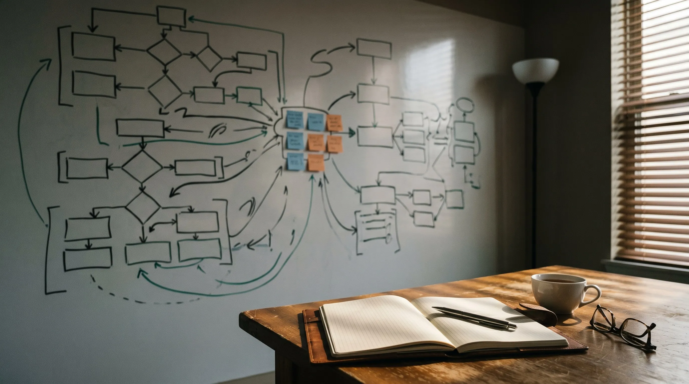 Whiteboard wall covered in a hand-drawn AI evaluation framework — boxes, arrows, and decision diamonds in marker — beside an open notebook and cooling cup of tea on a wood table at golden hour.