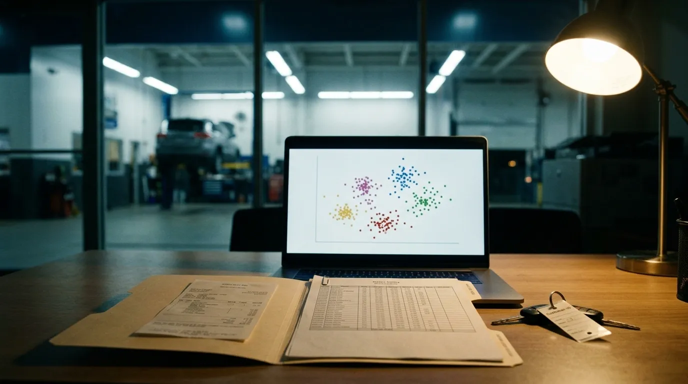 Laptop on a service-desk displaying colored customer cluster scatter, with repair-order folders, keys, and desk lamp; dealership shop bay behind glass