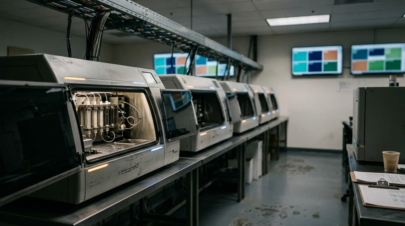Row of DNA synthesis benches on stainless tables with overhead cable tray; wall monitors show colored tile dashboards in the production suite