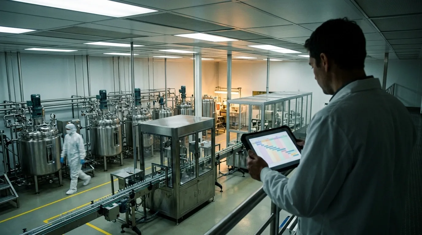 Engineer in lab coat on a mezzanine holds a tablet with throughput charts, overlooking stainless bioreactors, filling line, and a gowned worker