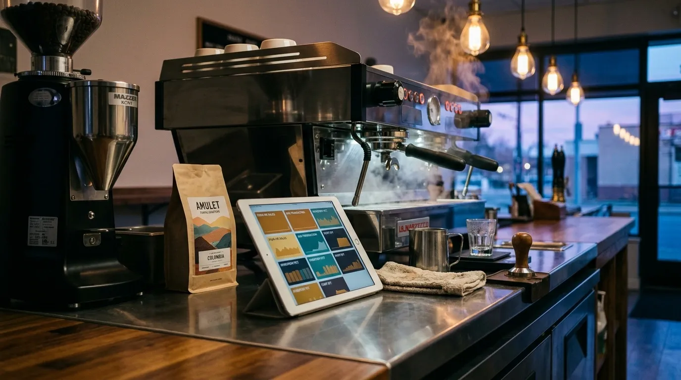 Cafe counter with espresso machine steaming, coffee bag, tamper, and a tablet displaying a tiled sales metrics dashboard at dusk