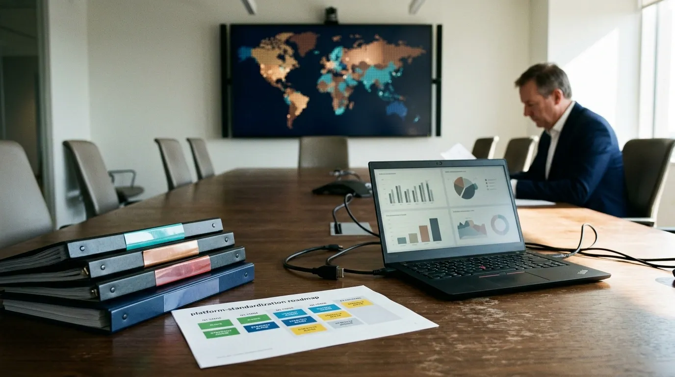 Conference-room table with a platform-standardization roadmap printout, stacked binders, laptop showing chart tiles, and world map display on the wall