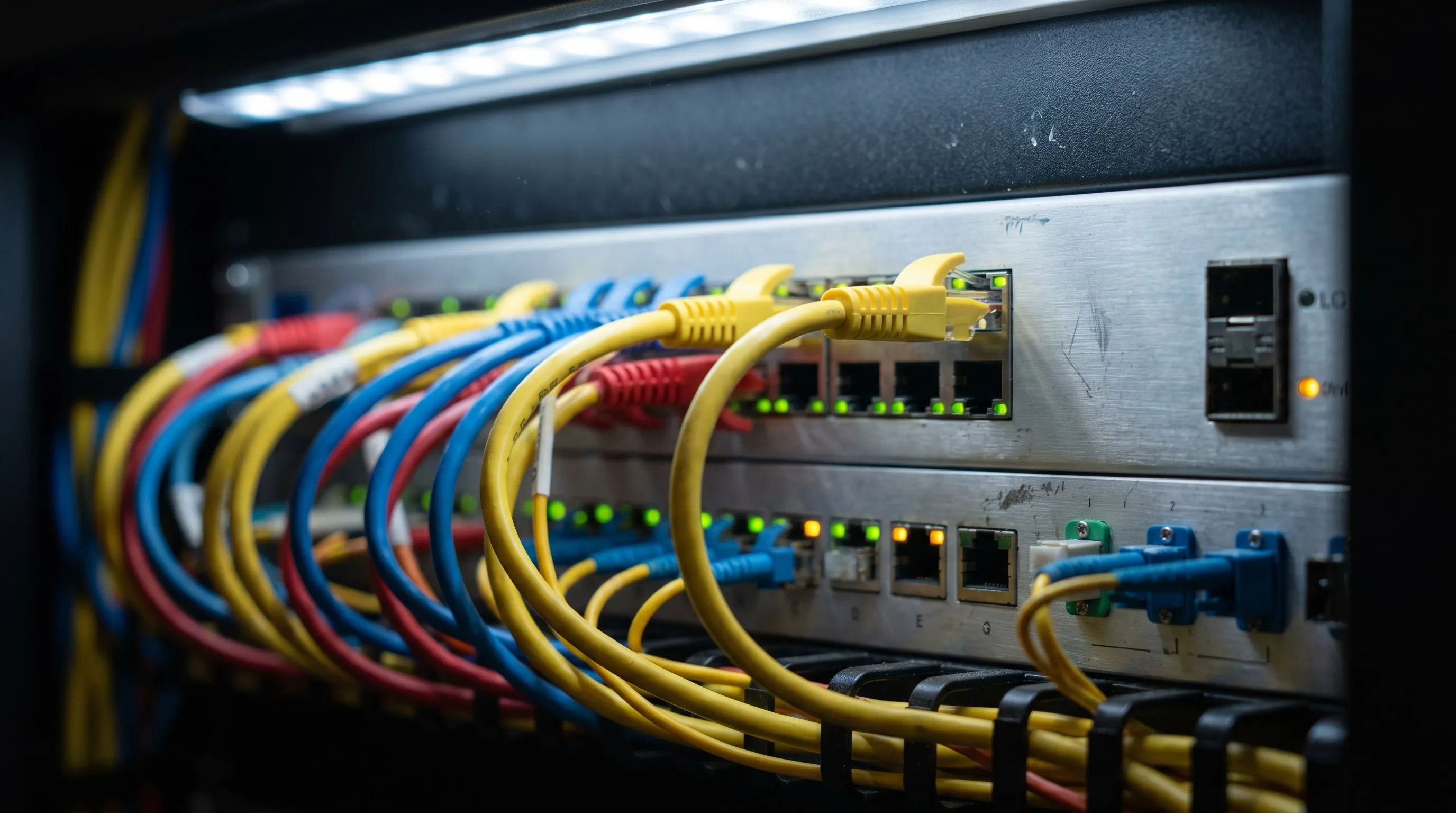 Macro view of a network patch panel: yellow, blue, and red CAT6A and fiber jumpers routed through cable management combs into RJ45 jacks lit by tiny green and amber LEDs.