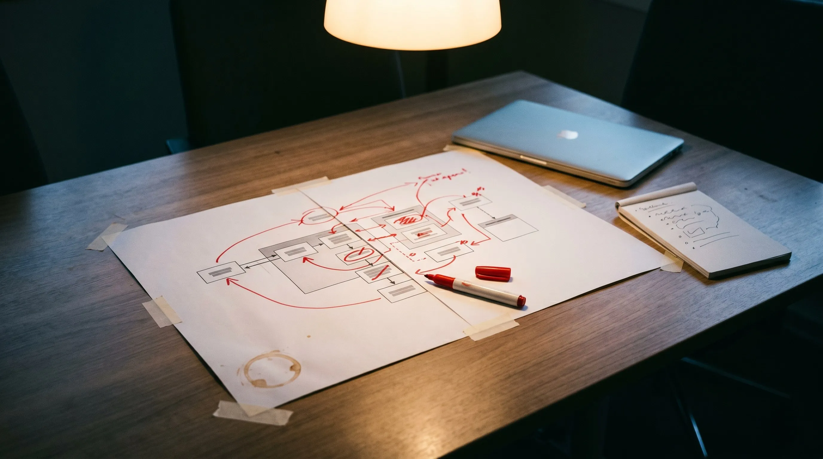 Top-down conference table tableau: a printed system architecture diagram laid across two letter-size sheets, annotated in red marker, beside an open notebook and a coffee ring.