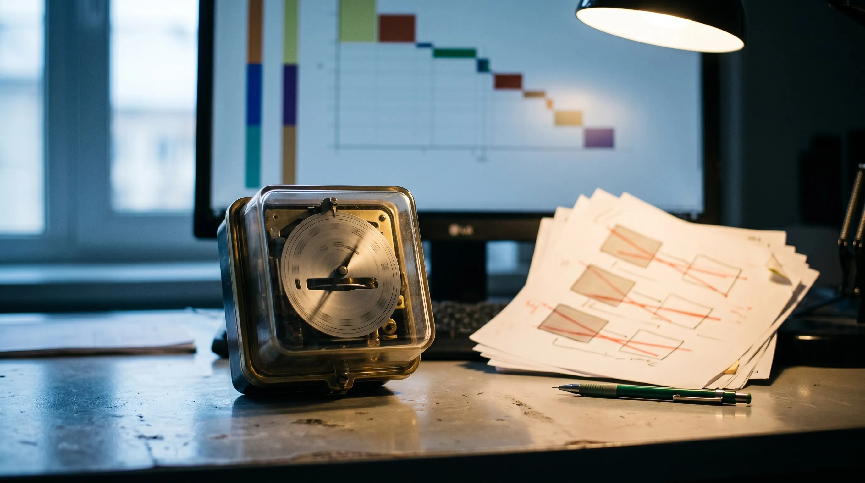 Vintage analog brass-and-glass meter on a workbench in foreground, dim monitor behind showing a descending line of cost color-blocks, marked-up printouts beside it under a warm desk lamp.
