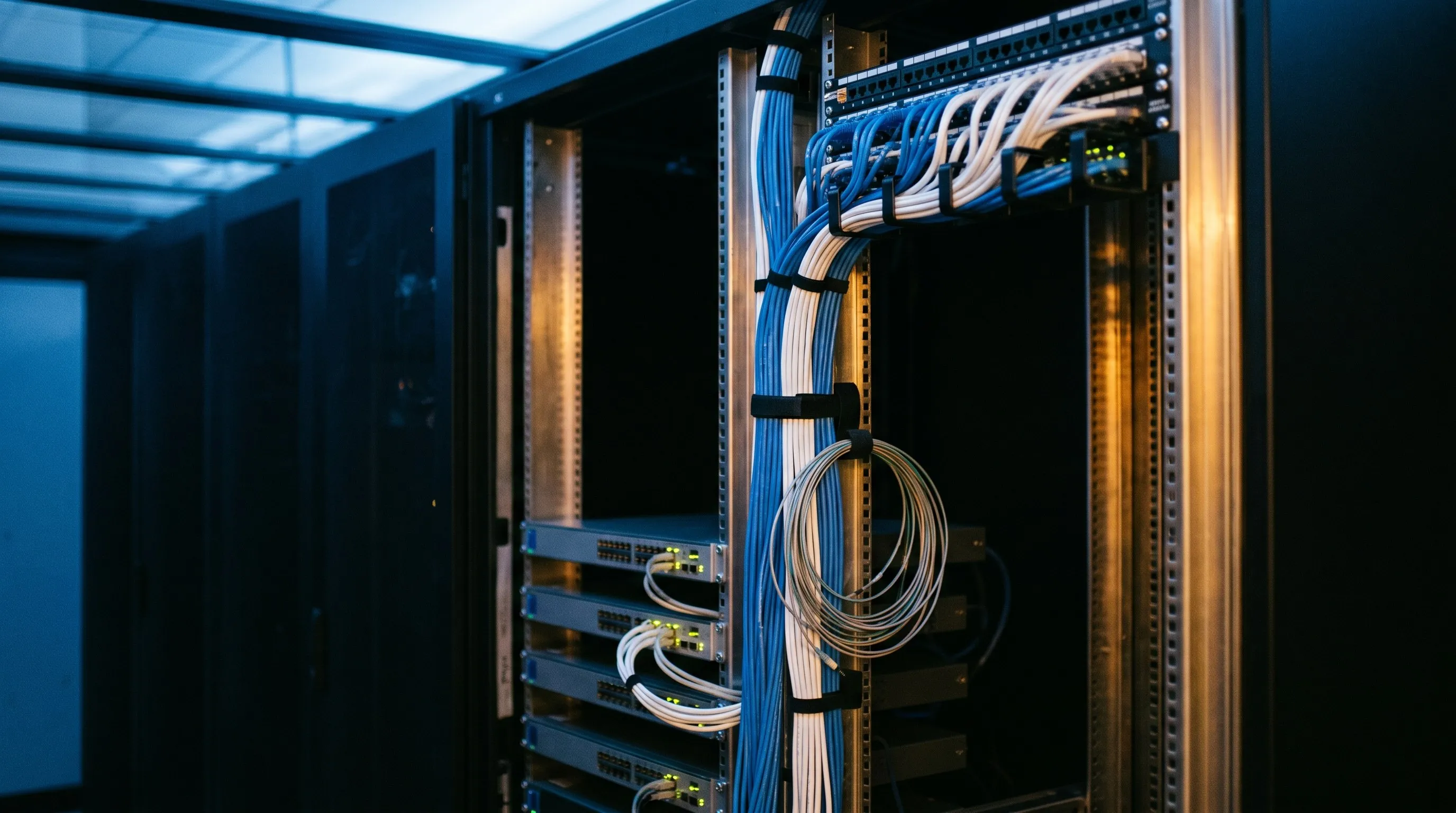 Server room cold-aisle interior: an open 42U rack revealing precise vertical bundles of blue and white CAT6A cabling descending through cable management arms into switches with green LED indicators.