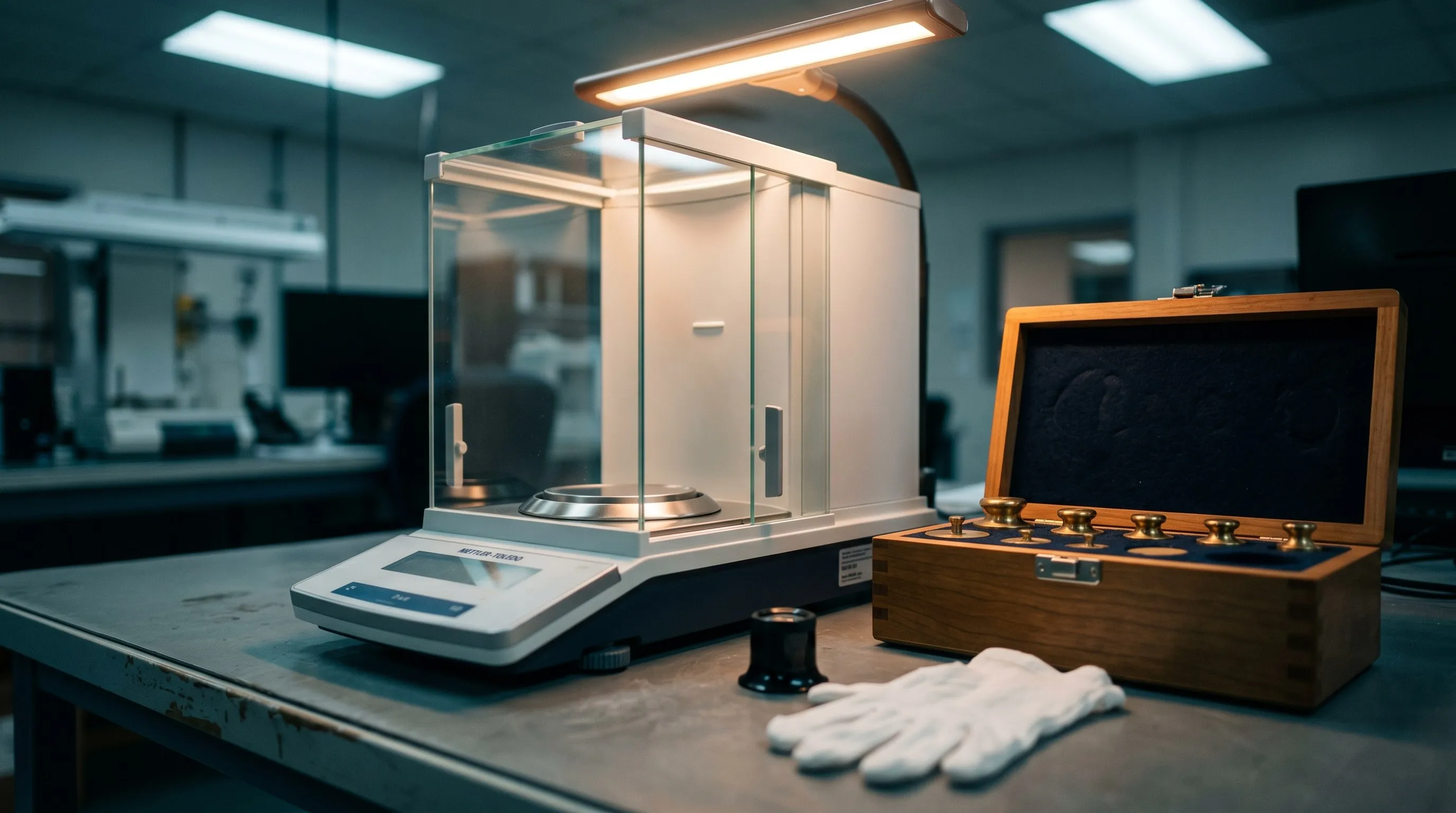 Mettler-Toledo precision analytical balance on a metrology bench, draft shield raised over an empty stainless tare pan, beside a felt-lined wooden case of brass calibration weights and white inspection gloves.
