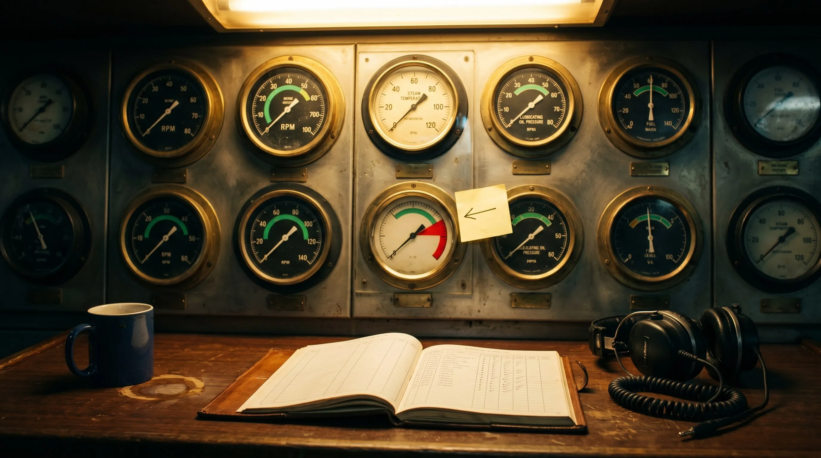 Engine room control panel of a working ship: a wall of brass-bezeled analog gauges measuring RPM, temperature, and oil pressure, one needle pegged in the red zone with a yellow Post-it arrow stuck beside it, a leather log book open below with pencil tick marks, headphones and a coffee mug nearby.