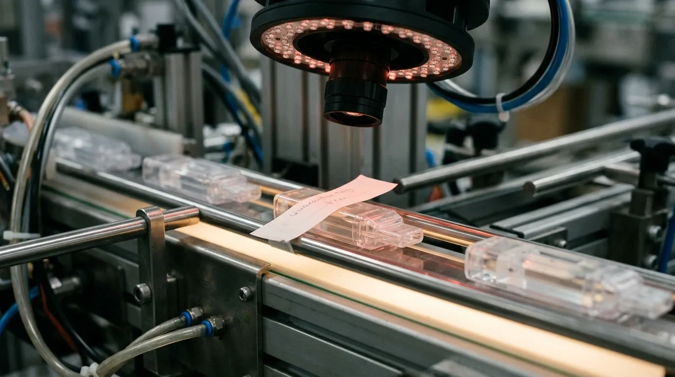 Overhead machine-vision camera with ring light inspecting clear diagnostic cartridges moving on a conveyor in a production cell