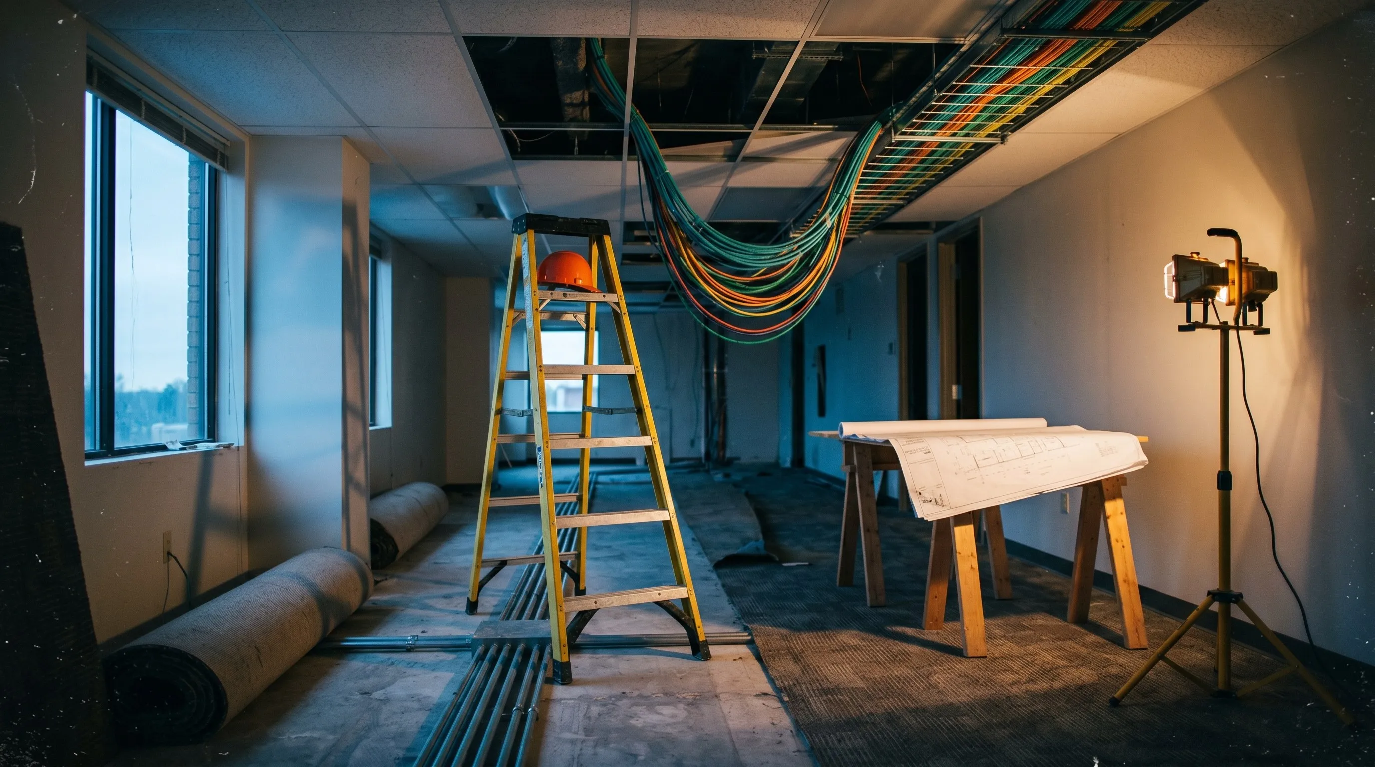 Office mid-renovation: a removed drop-ceiling panel exposing newly-pulled bundles of color-coded data cabling in fresh cable trays, ladder set up, blueprint rolled across two sawhorses.