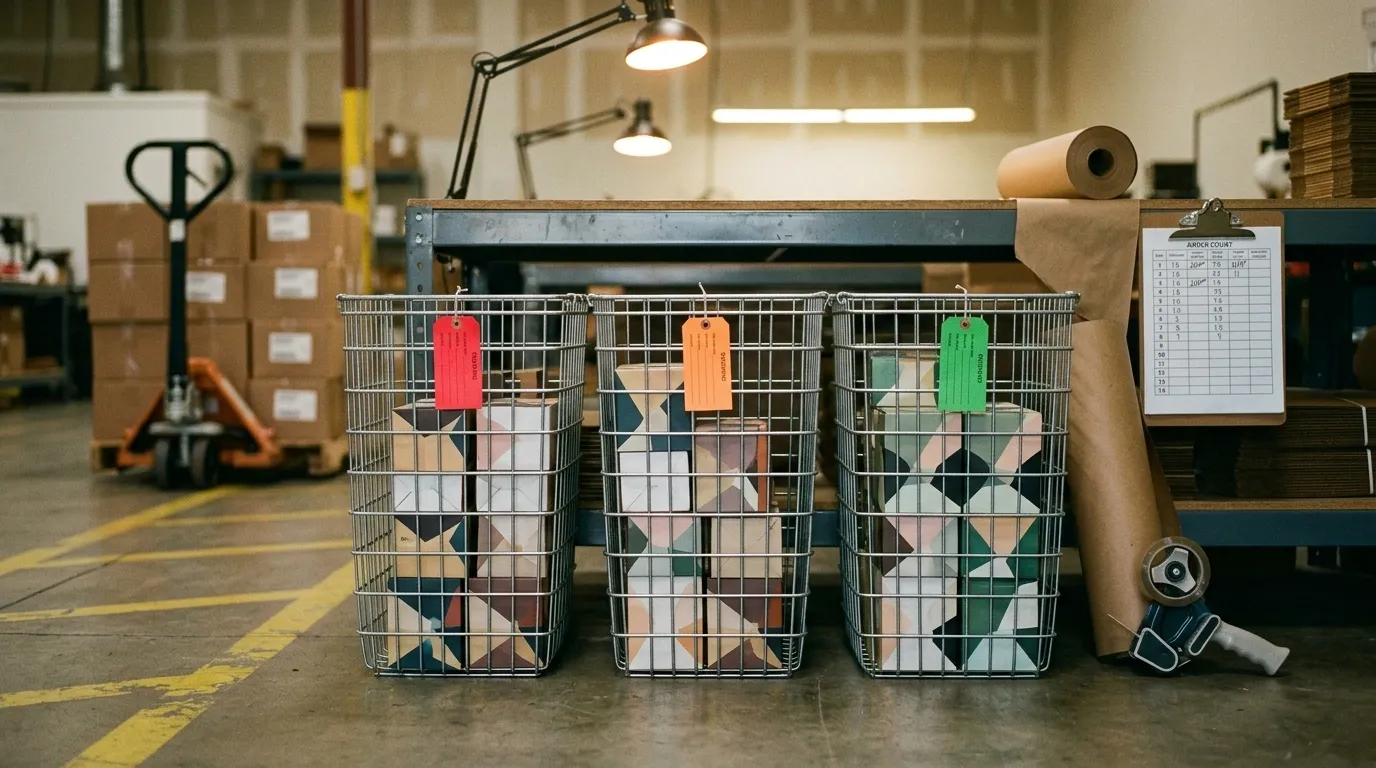 Three wire baskets holding tagged DTC product cartons on a warehouse packing bench with clipboard inventory sheet, pallet jack, and boxes behind