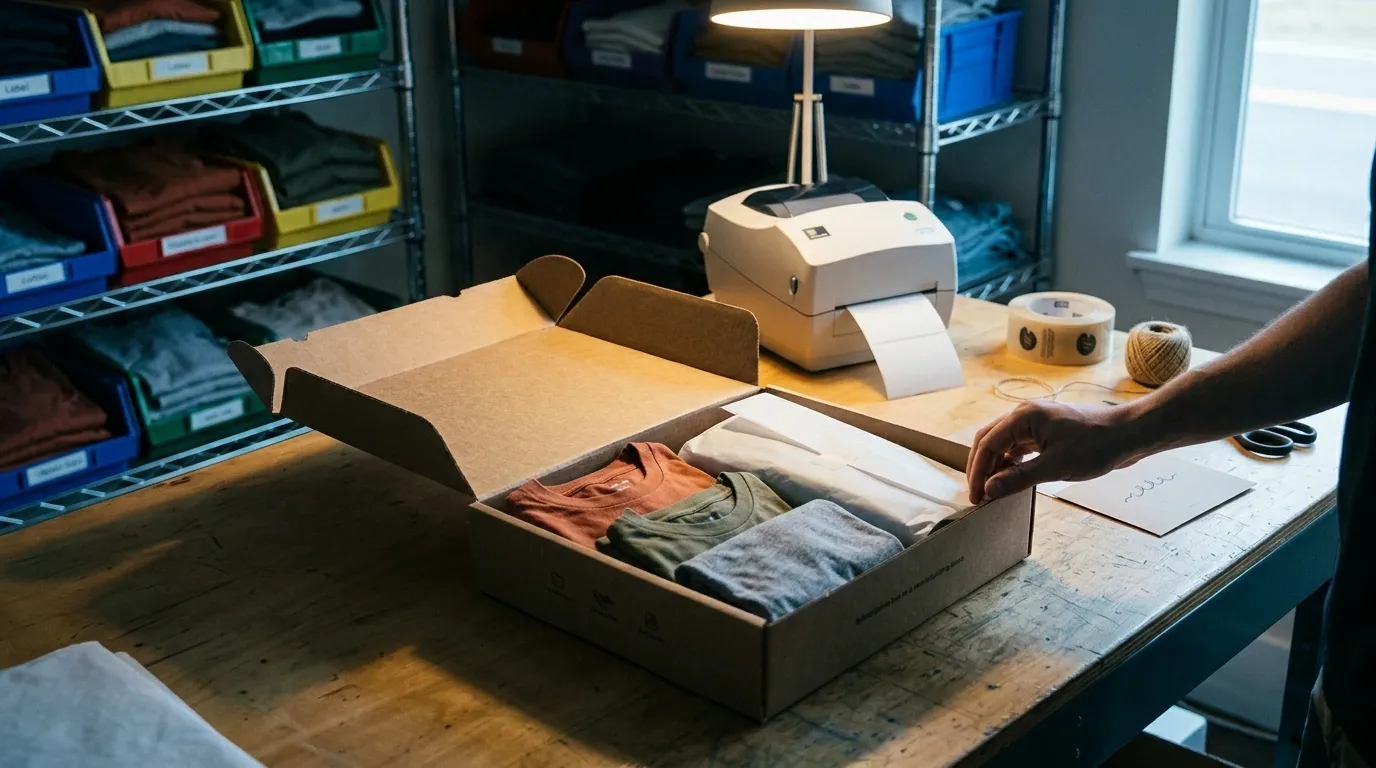 Open shipping box with folded apparel on a packing bench beside a thermal label printer and twine; colored inventory bins line shelves behind