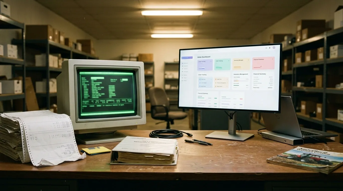 Stockroom desk pairing a green-phosphor CRT terminal and stacked dot-matrix printouts with a widescreen monitor showing a modern ERP dashboard