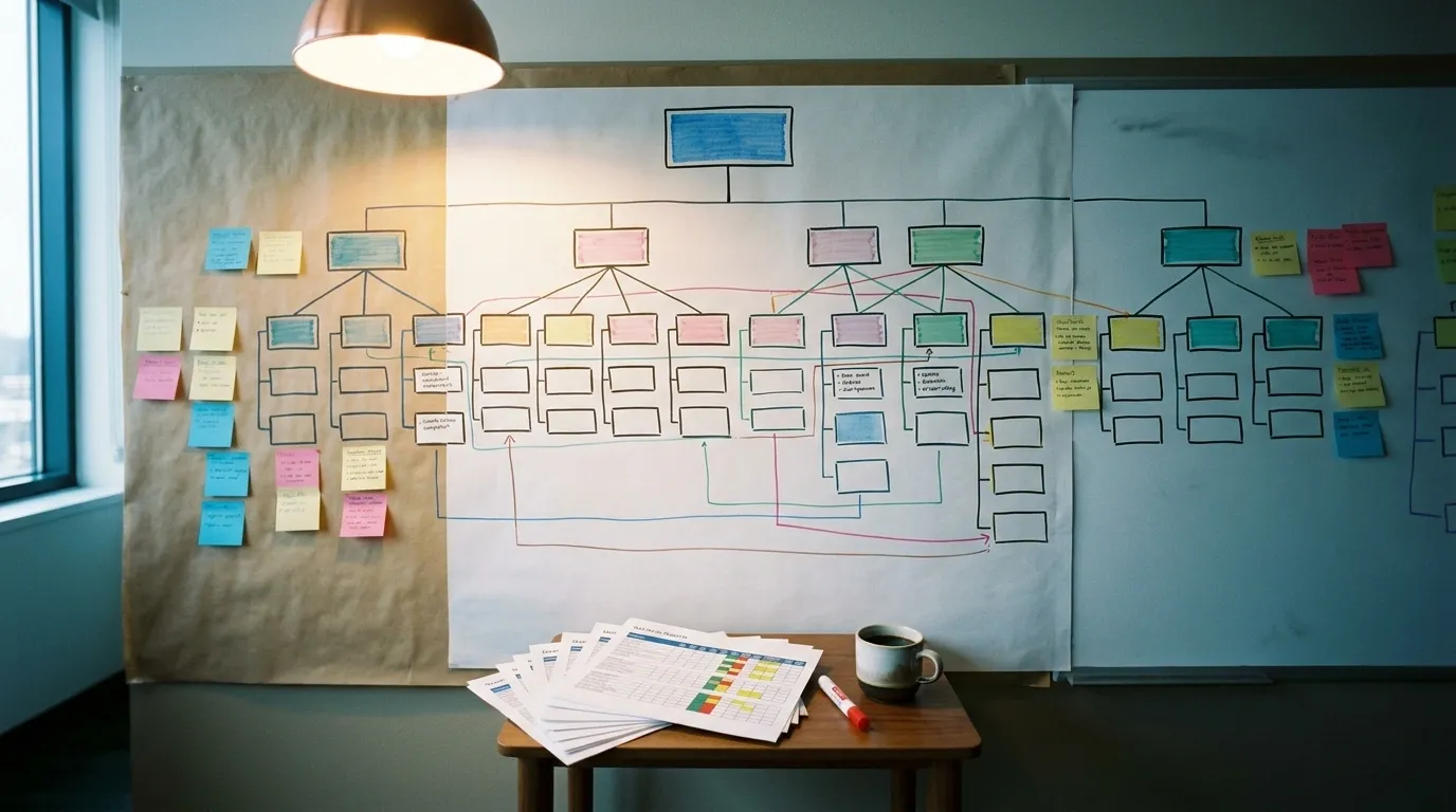 Hand-drawn financial variance tree on butcher paper covering a wall, surrounded by sticky notes; a side table holds reports, a marker, and coffee