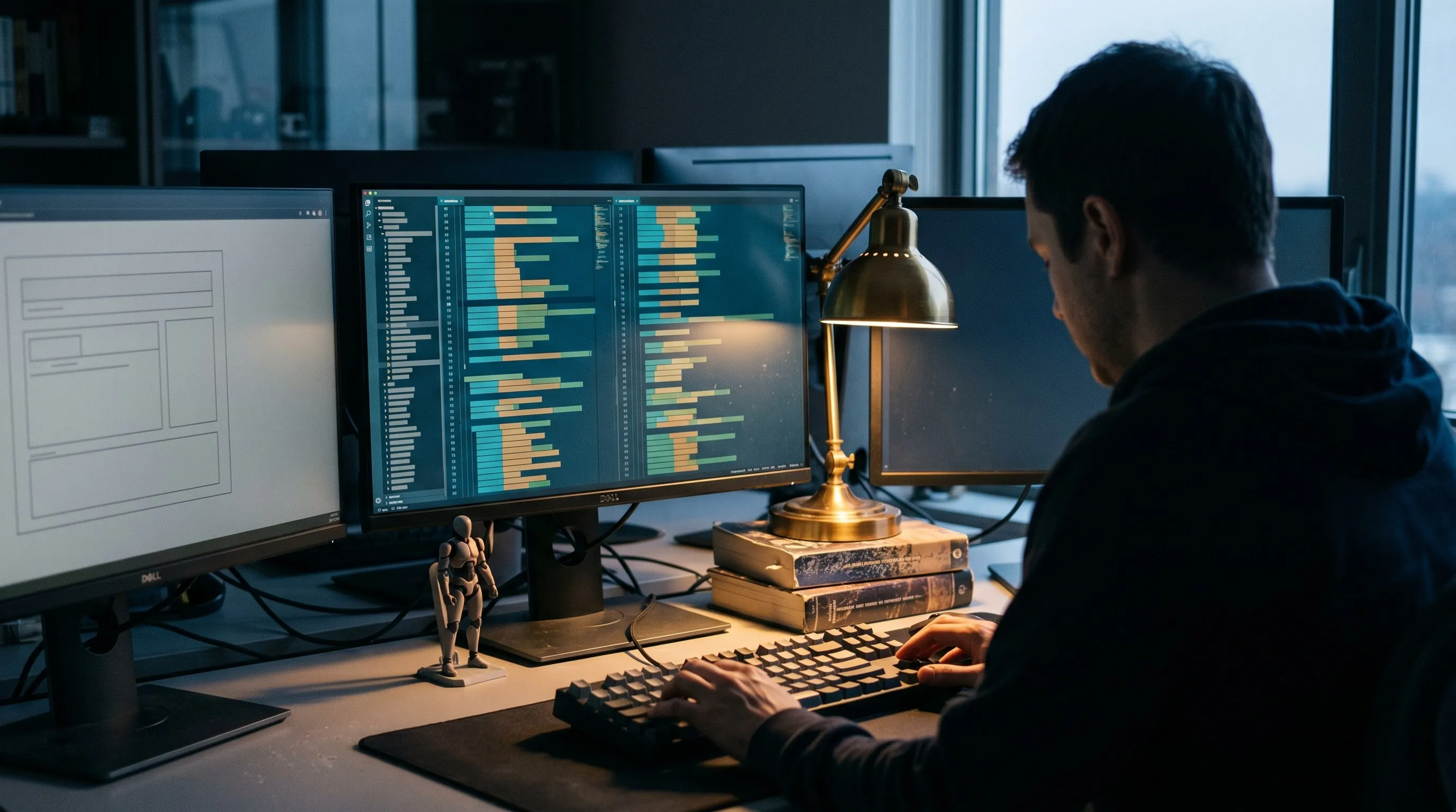 Senior backend developer’s bay at dusk, viewed from behind: hooded silhouette over a tactile mechanical keyboard, three monitors with dim color-block code, a small action figure and stack of well-thumbed reference books.
