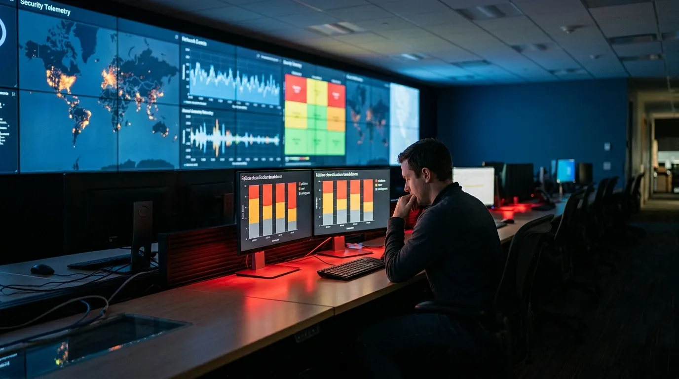 Analyst in a dim SOC studying failure-classification bar charts at dual monitors, with a wall-sized security telemetry world map and time-series behind