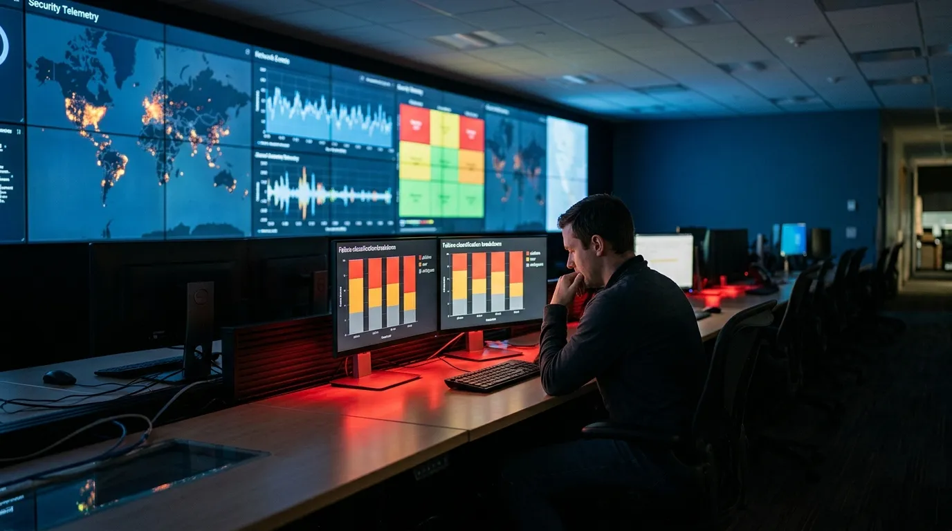Analyst in a dim SOC studying failure-classification bar charts at dual monitors, with a wall-sized security telemetry world map and time-series behind