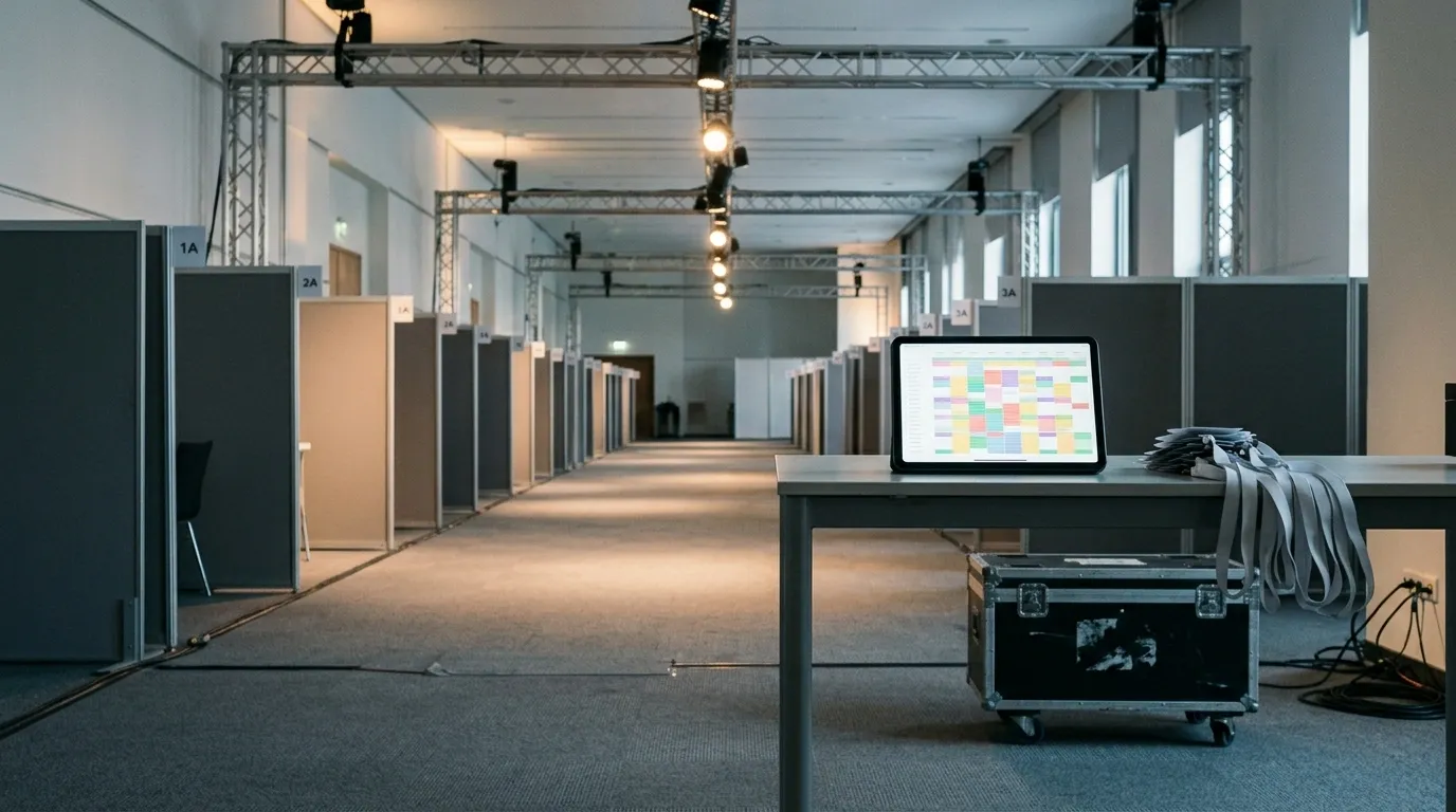 Empty conference meeting hall with numbered booth partitions under lighting truss; a tablet on a table shows a colored meeting-grid schedule beside lanyards