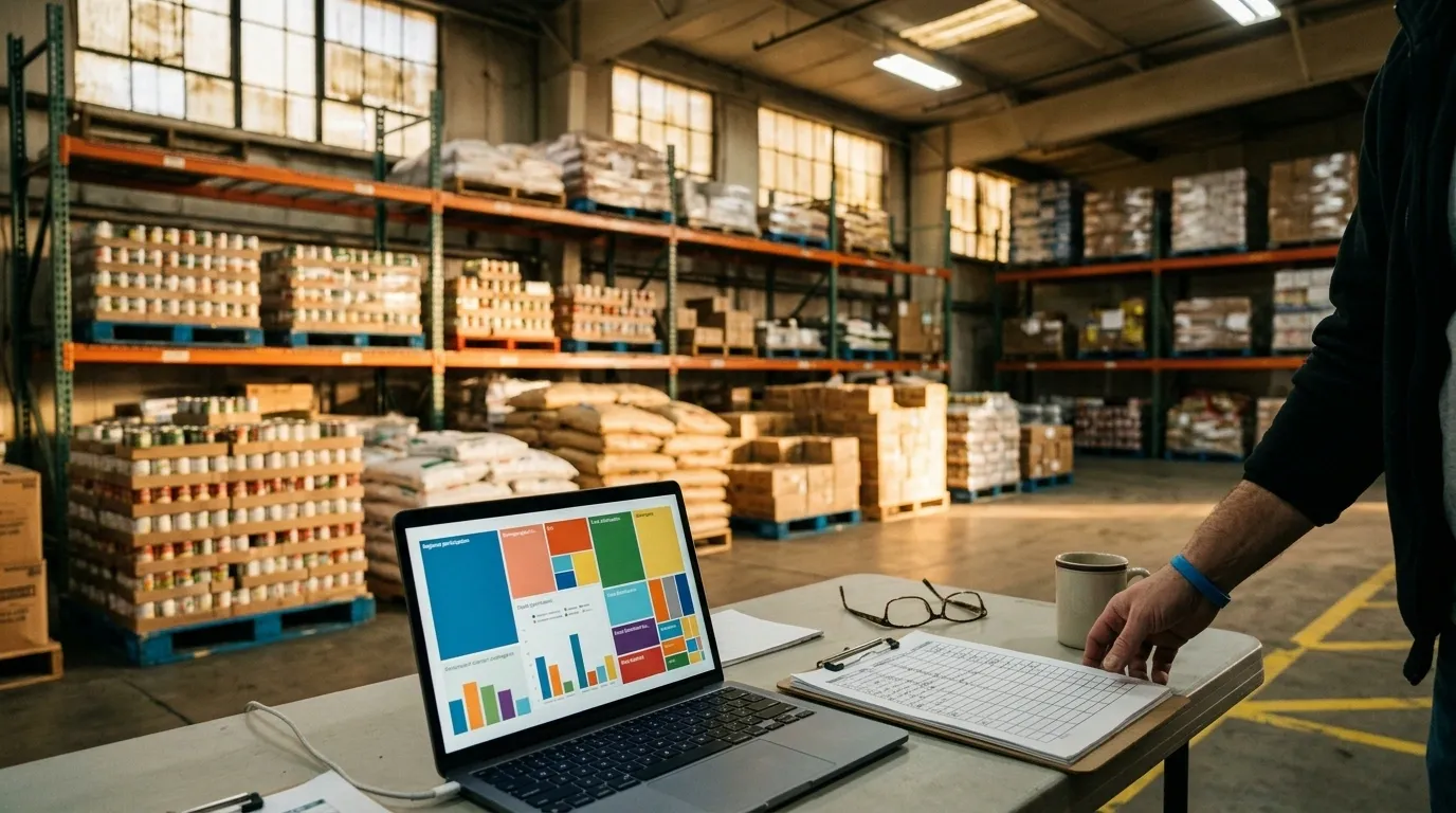 Food bank warehouse with pallets of canned goods and grain sacks on orange racking; a laptop on a folding table shows a program-impact dashboard