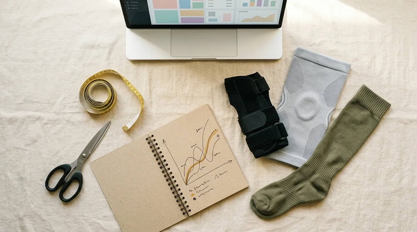 Flat-lay of laptop showing a tiled BI dashboard with a wrist brace, compression sleeve, sock, measuring tape, scissors, and hand-sketched trend notebook