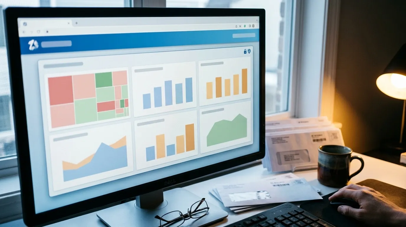 Desk monitor showing an embedded browser portal with six tiled healthcare charts next to stacked patient-style envelopes, mug, glasses, and desk lamp