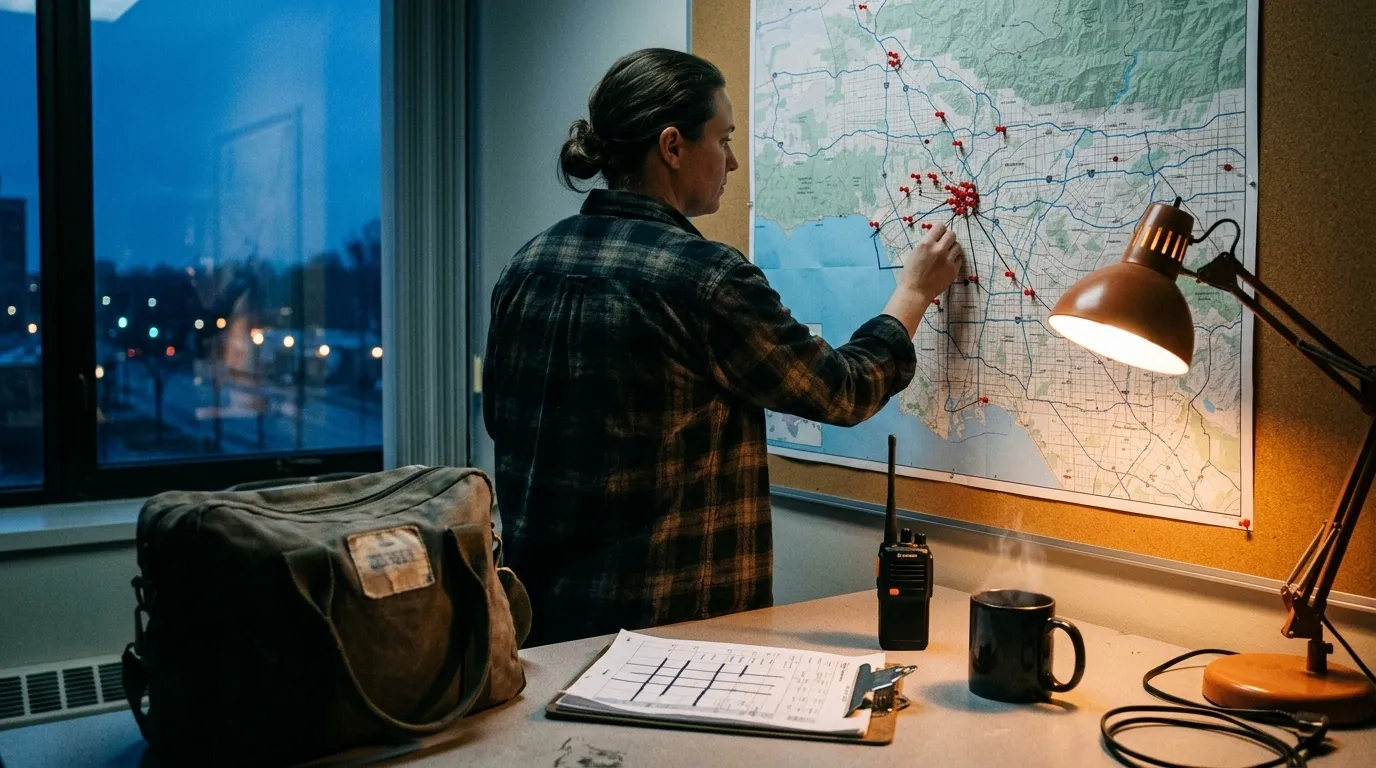 Dispatcher placing red pins on a regional route map at dusk, with a radio, clipboard route sheet, courier bag, and steaming mug on the desk