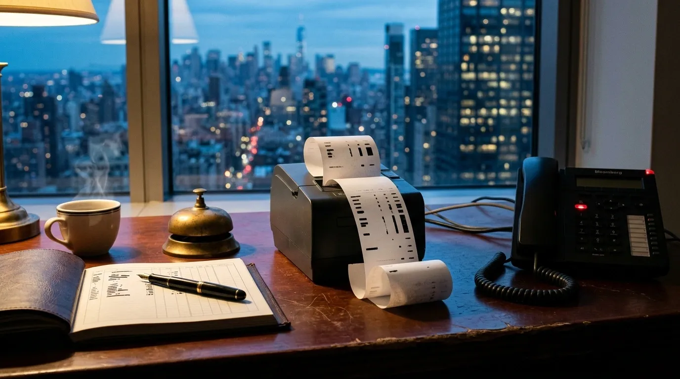 Ticker-tape printer spooling paper on a wood desk with desk bell, phone, and skyline at dusk