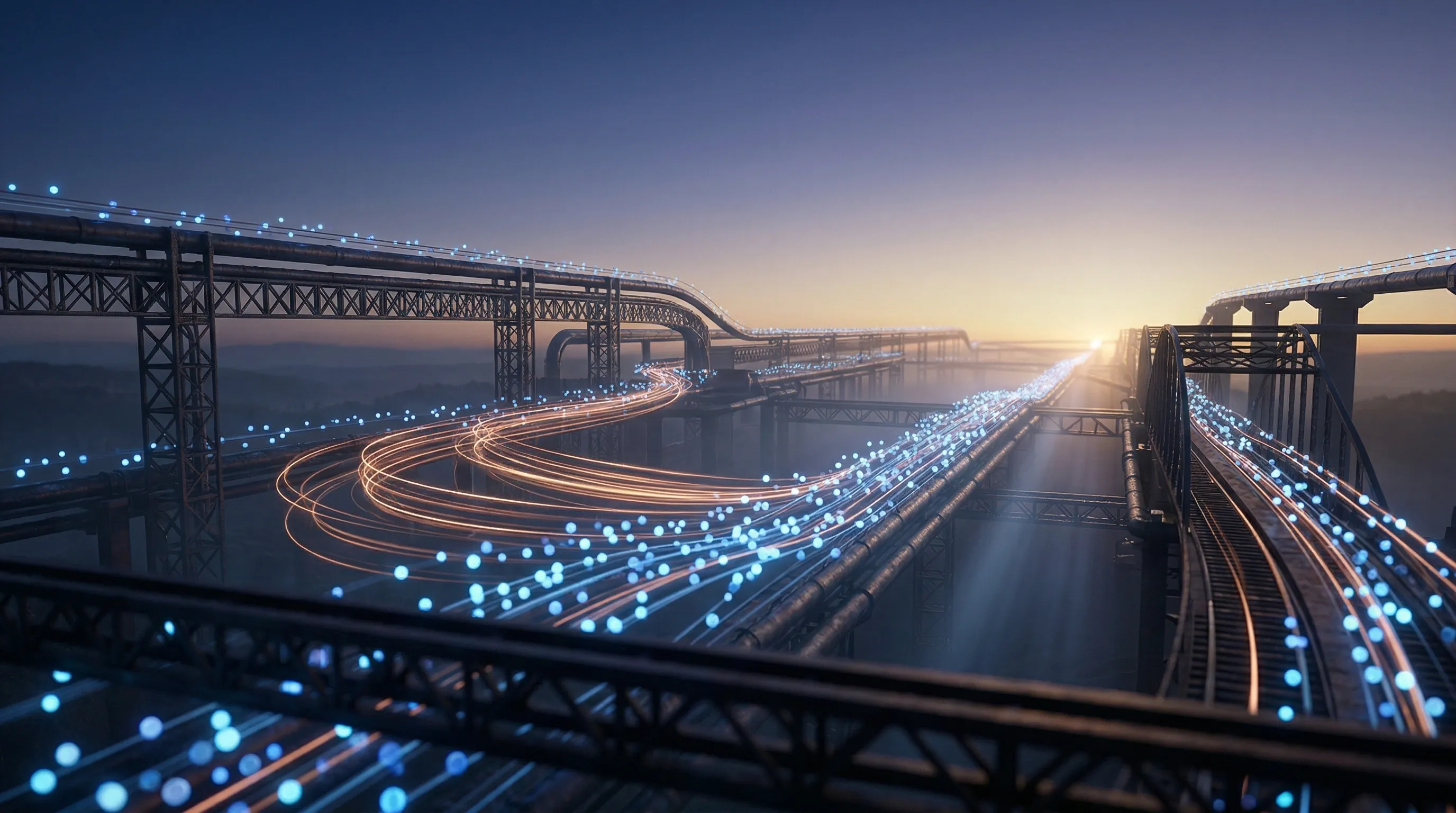 Industrial rail bridges at dawn with luminous data orbs flowing through the infrastructure