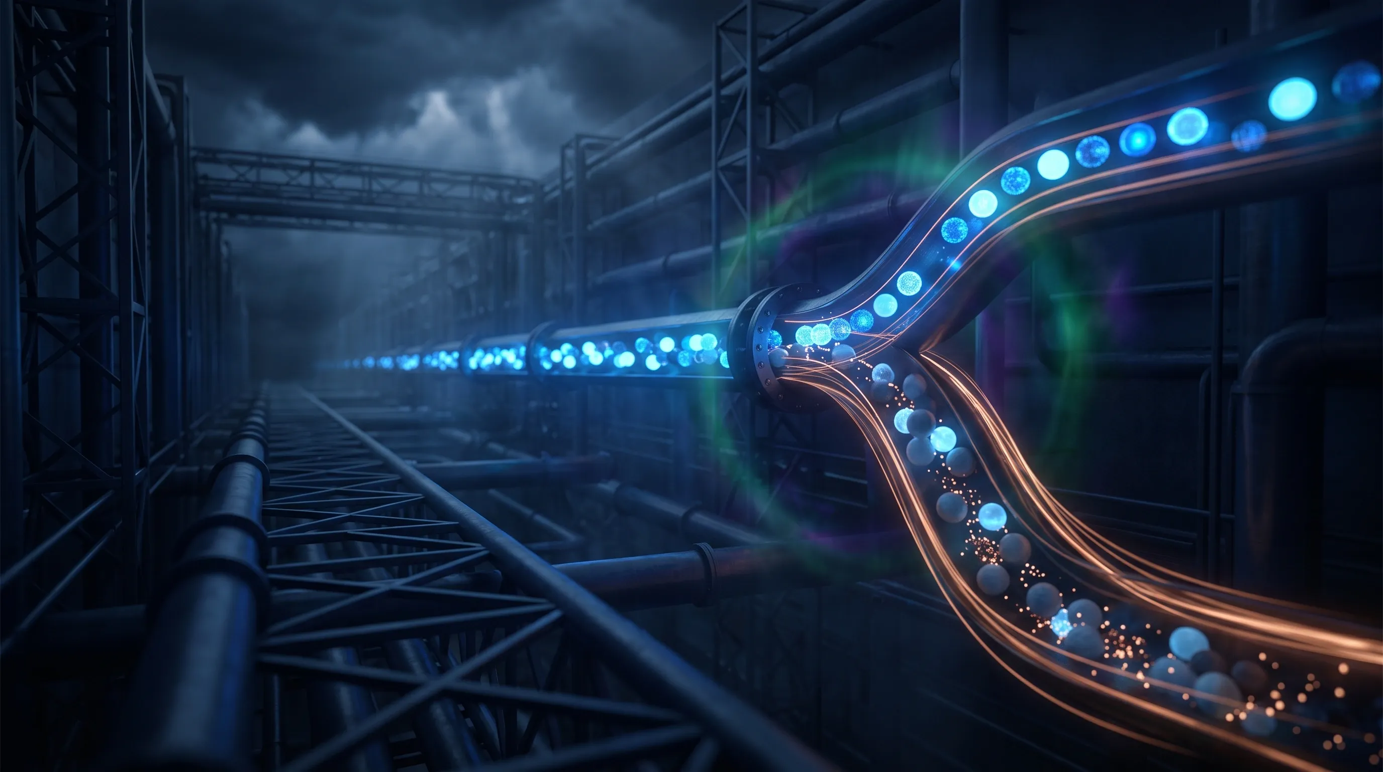 Luminous blue data orbs stream through a dark industrial pipeline that forks into copper-lit channels on the right, evoking a thin routing layer that directs an analytics agent to the right data in fewer steps.