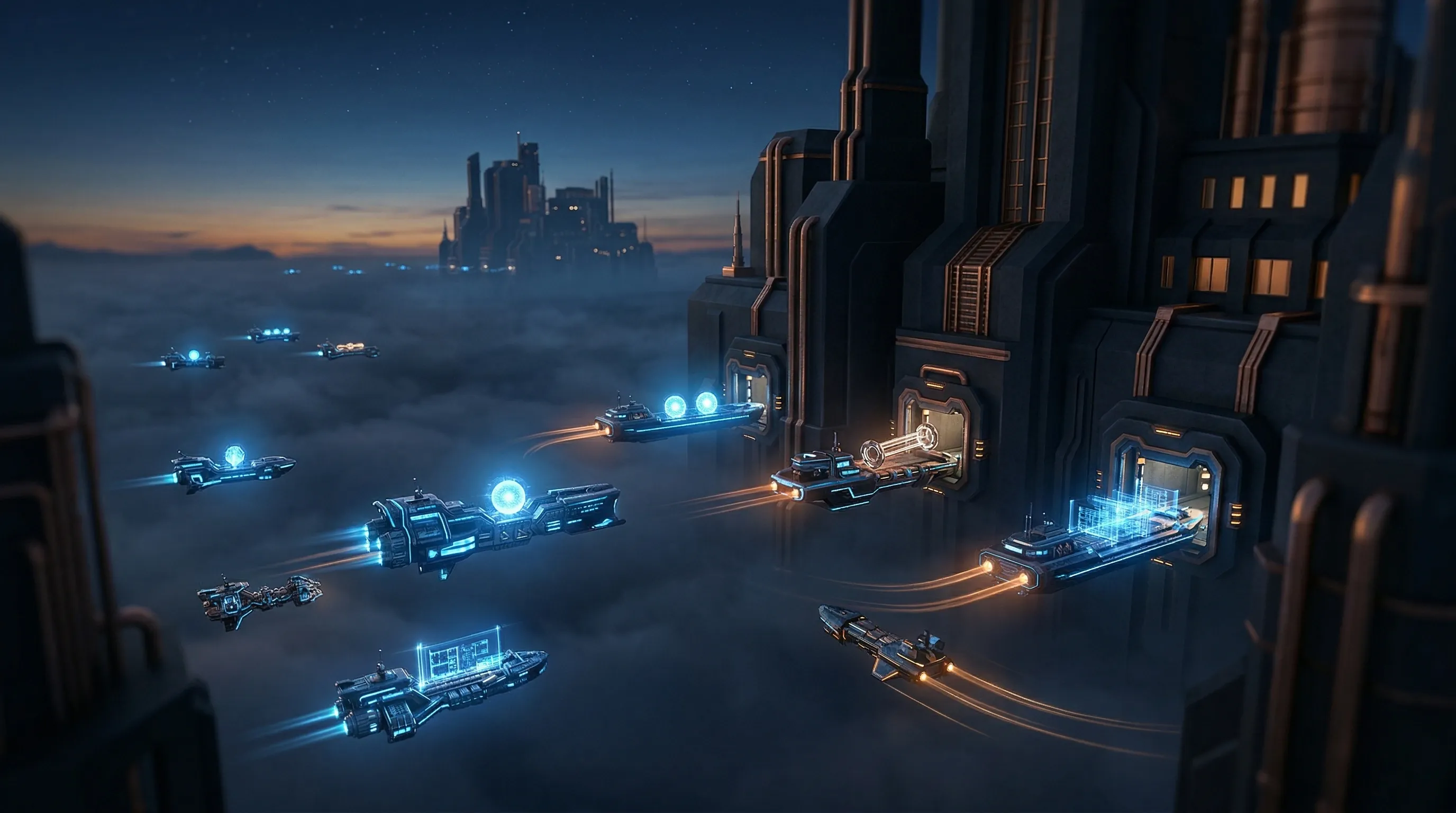Specialist vessels converging on a dark industrial structure — expert capability arriving on demand