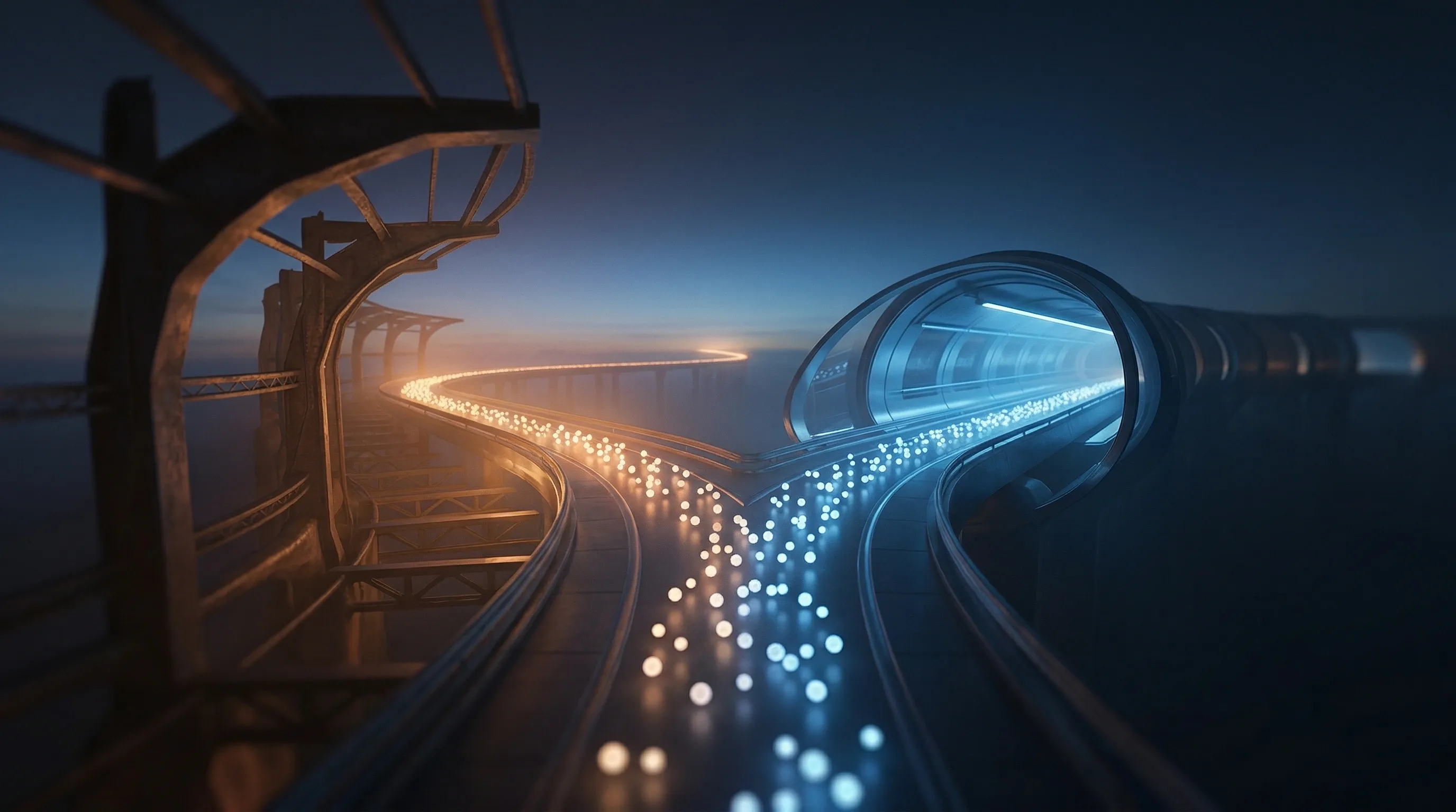 A fork in a luminous pathway — an open bridge diverging from an enclosed tunnel, data orbs choosing their route