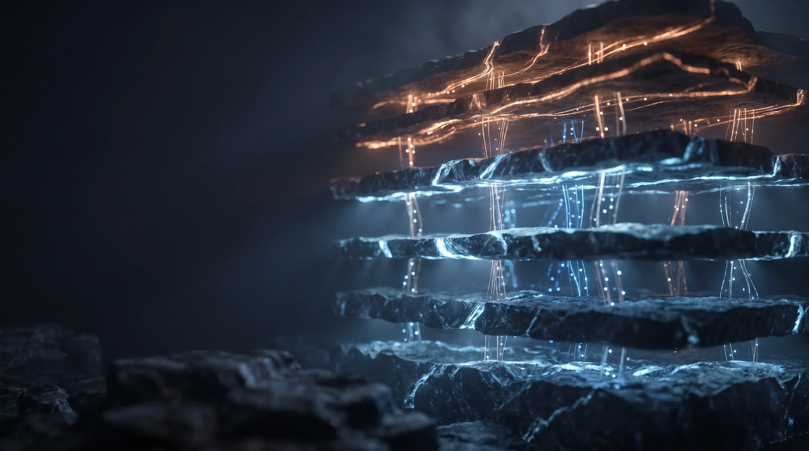 Stacked geological strata floating in dark space, with luminous mineral veins running between the layers. The lower strata glow cool steel blue and the upper strata glow warm copper, evoking the layered architecture of a context layer for AI agents.