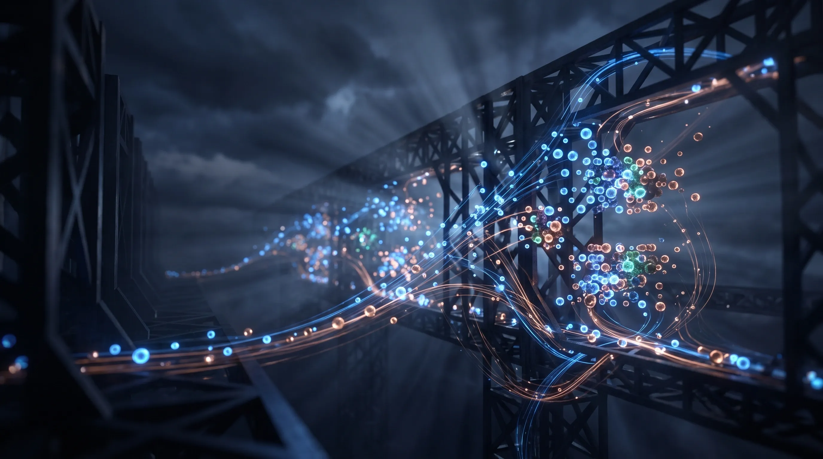 Luminous blue and copper data orbs travel along a dark steel truss bridge and gather into distinct clusters on the right, where copper trails loop back into the structure, evoking components composed into a system the company holds together itself.