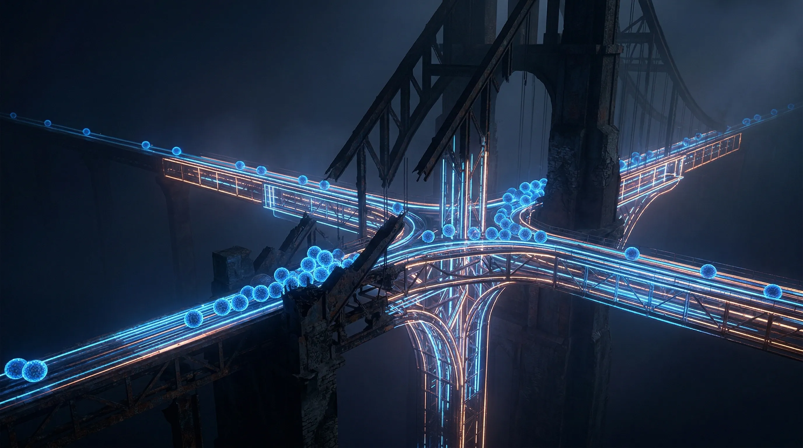 A crumbling industrial structure being rebuilt with luminous blue scaffolding — digital transformation mid-flight