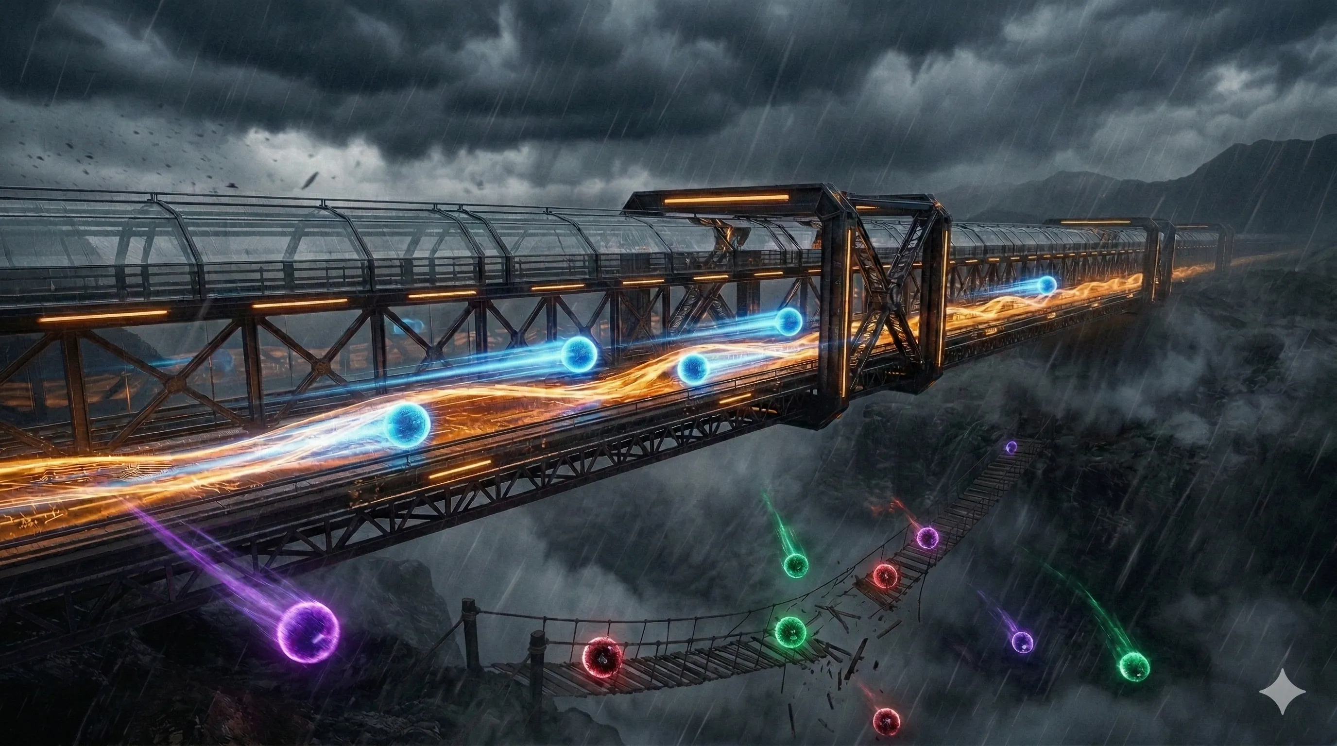 Governed data infrastructure versus ungoverned agent access — data flowing through a structured pipeline versus scattering across a broken bridge