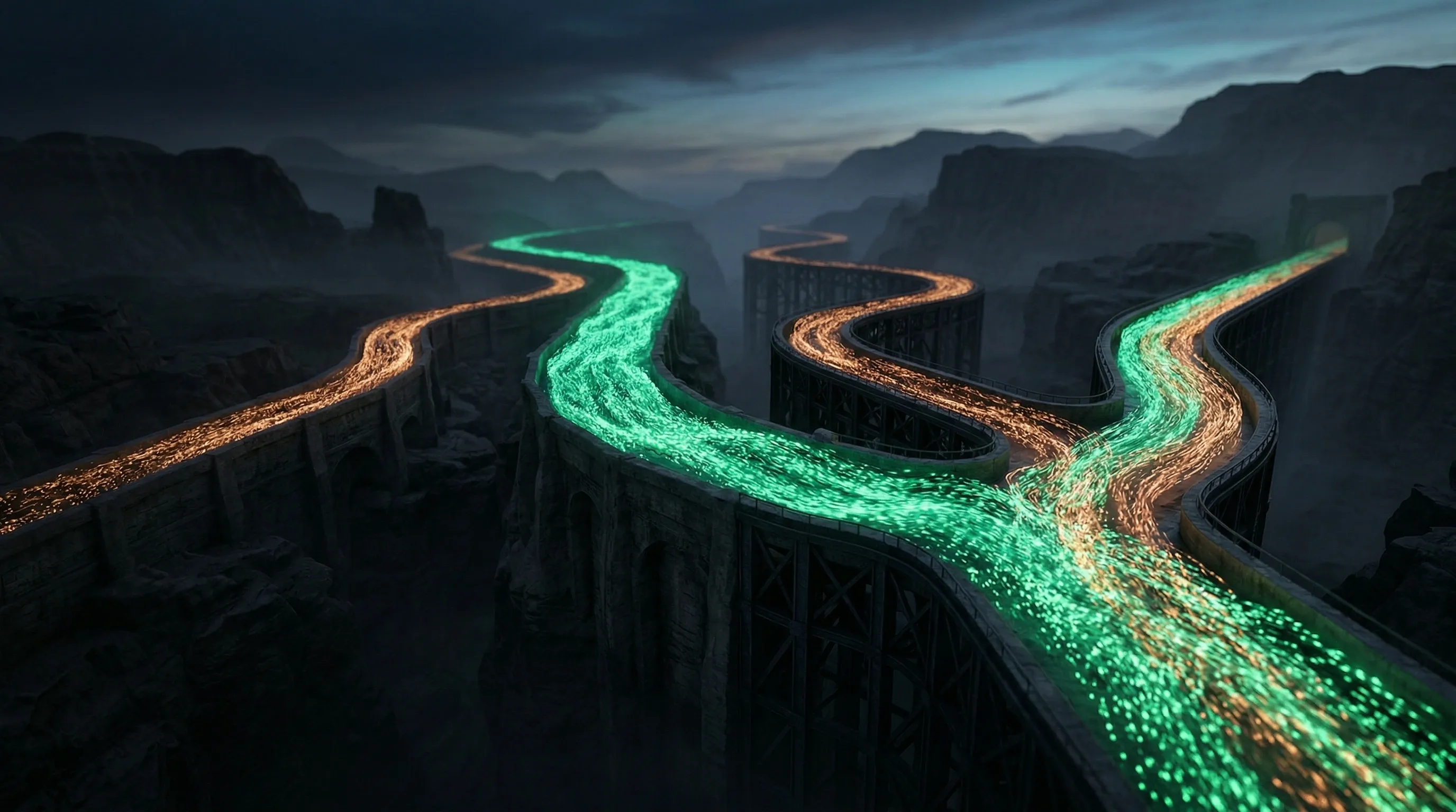 Two luminous rivers of particles — one emerald, one copper — converging through engineered aqueducts