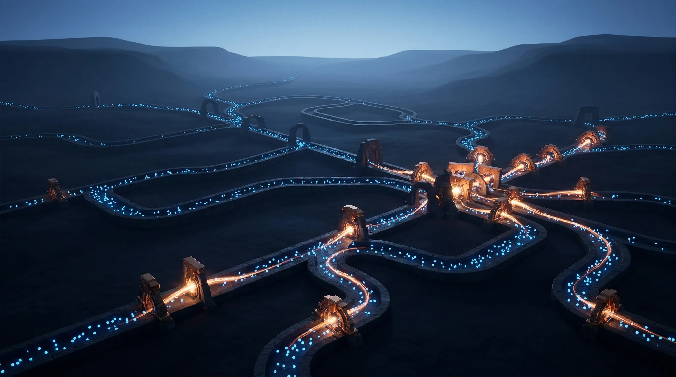 Winding channels with copper gate mechanisms firing as luminous particles pass through