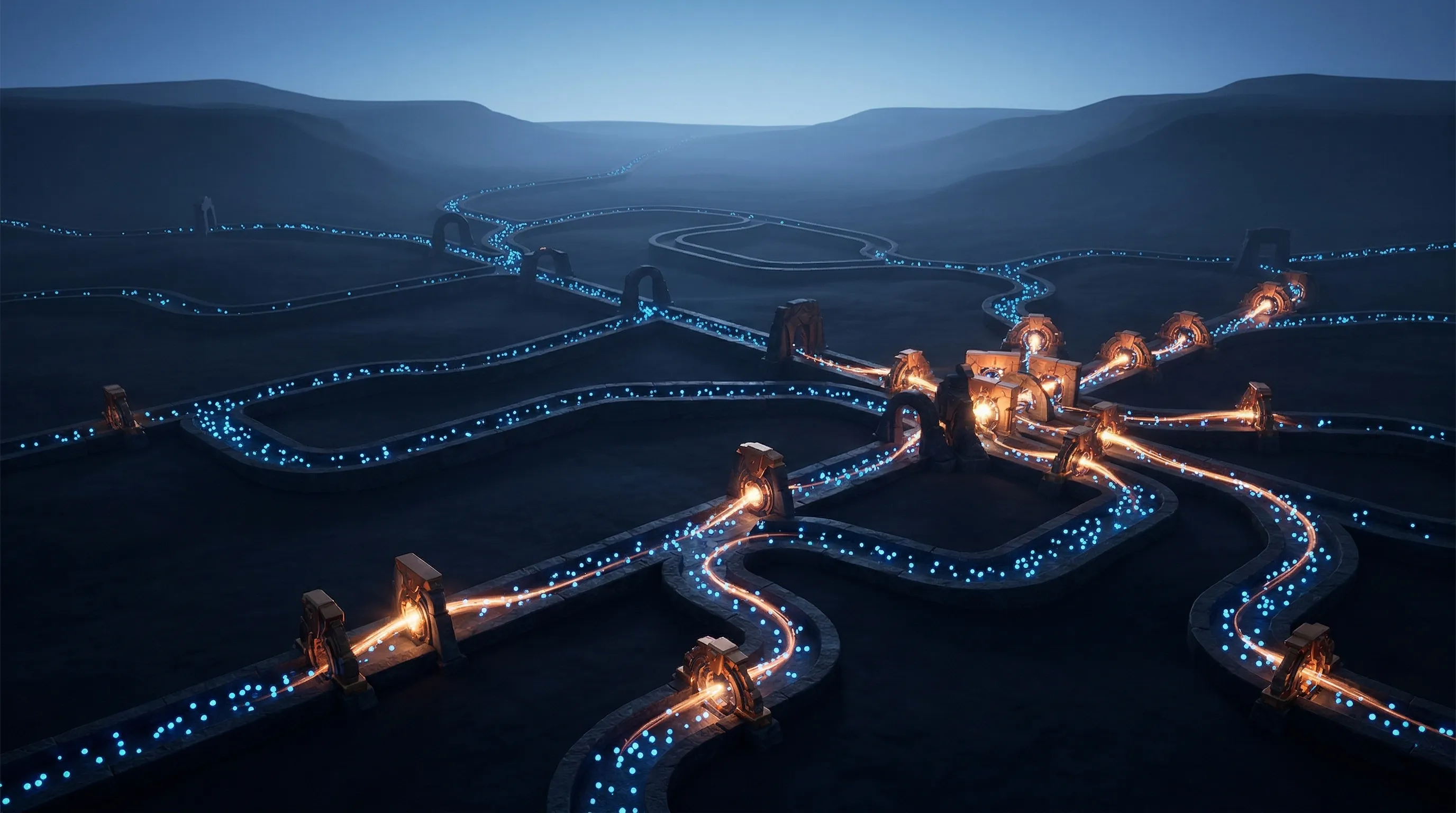 Winding channels with copper gate mechanisms firing as luminous particles pass through