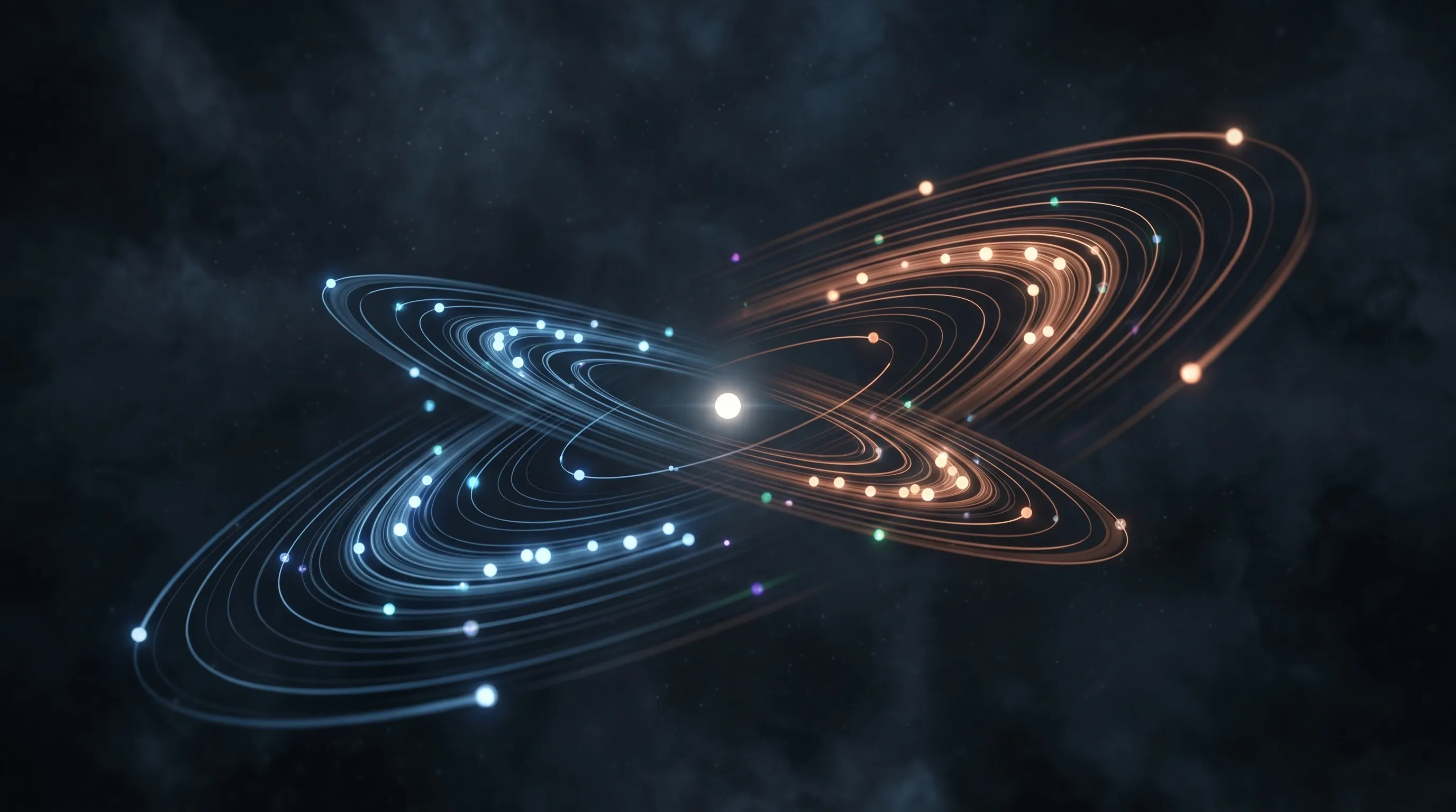Two intersecting elliptical orbital systems sharing a single bright central nucleus, one ring system glowing cool steel blue and the counter-rotating system glowing warm copper, each carrying luminous data orbs along its concentric paths against a dark nebular background, evoking the dual mechanism systems of internal and external AI value