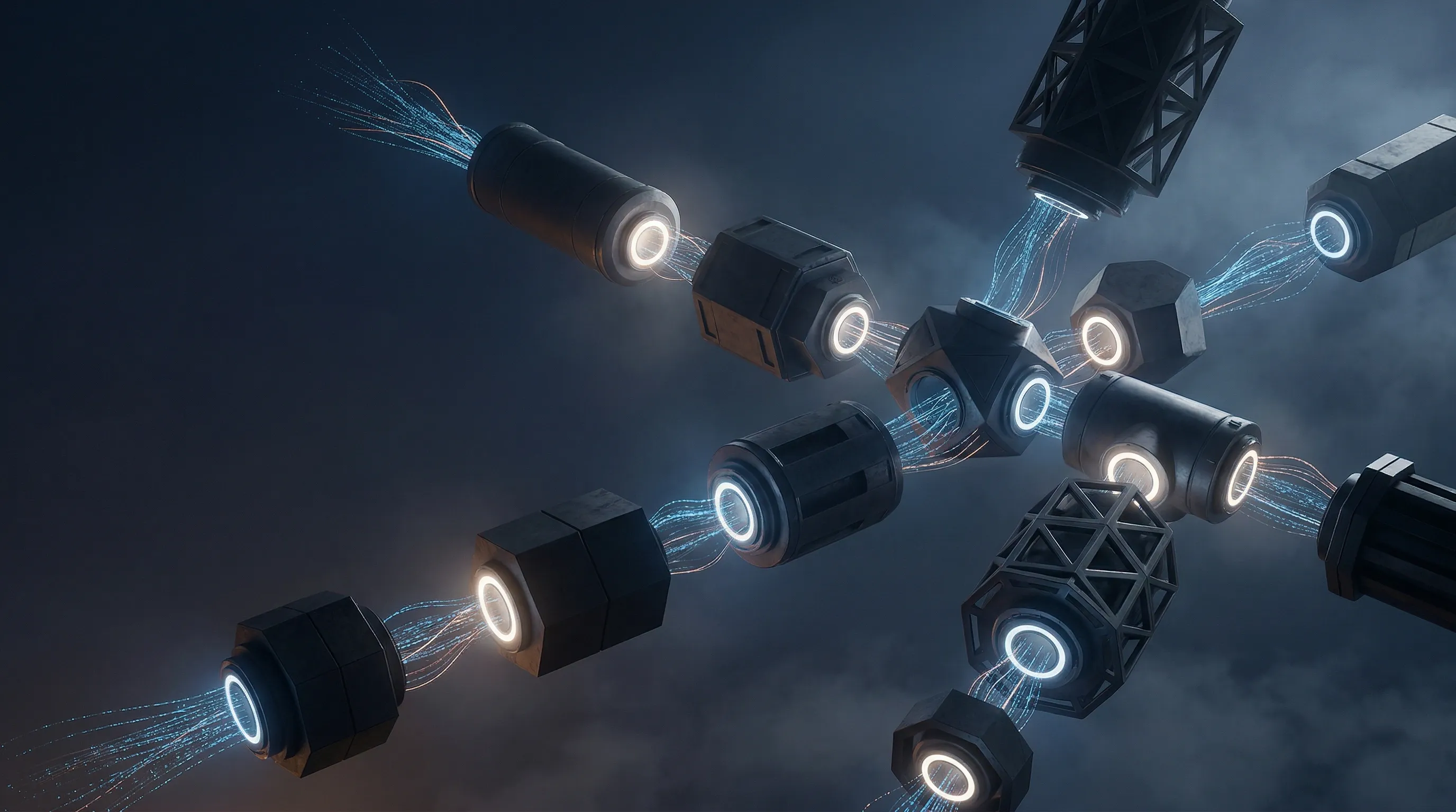Modular geometric structures docking together in mid-air — composable LLM architecture