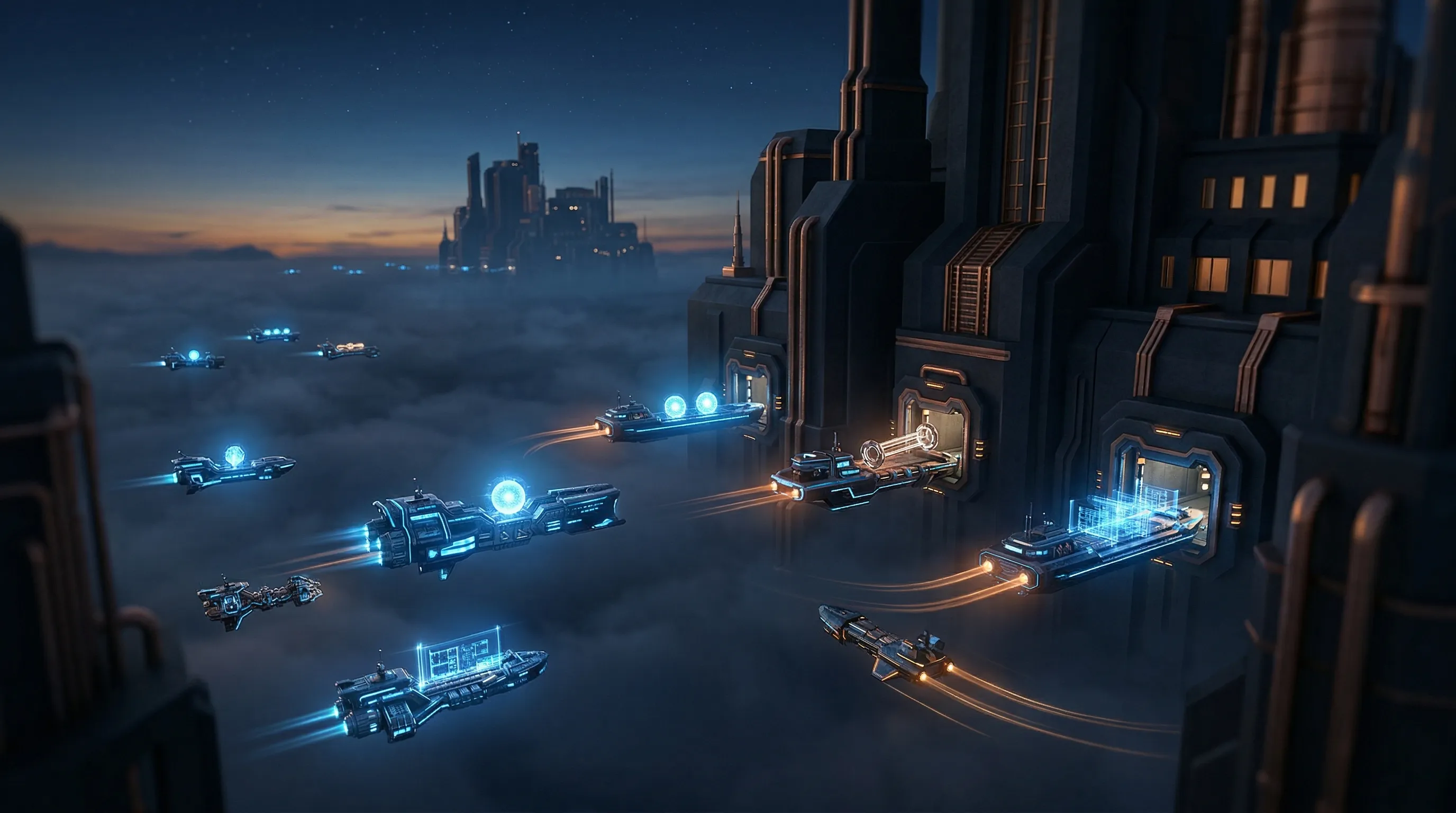 Specialist vessels converging on a dark industrial structure — expert capability arriving on demand