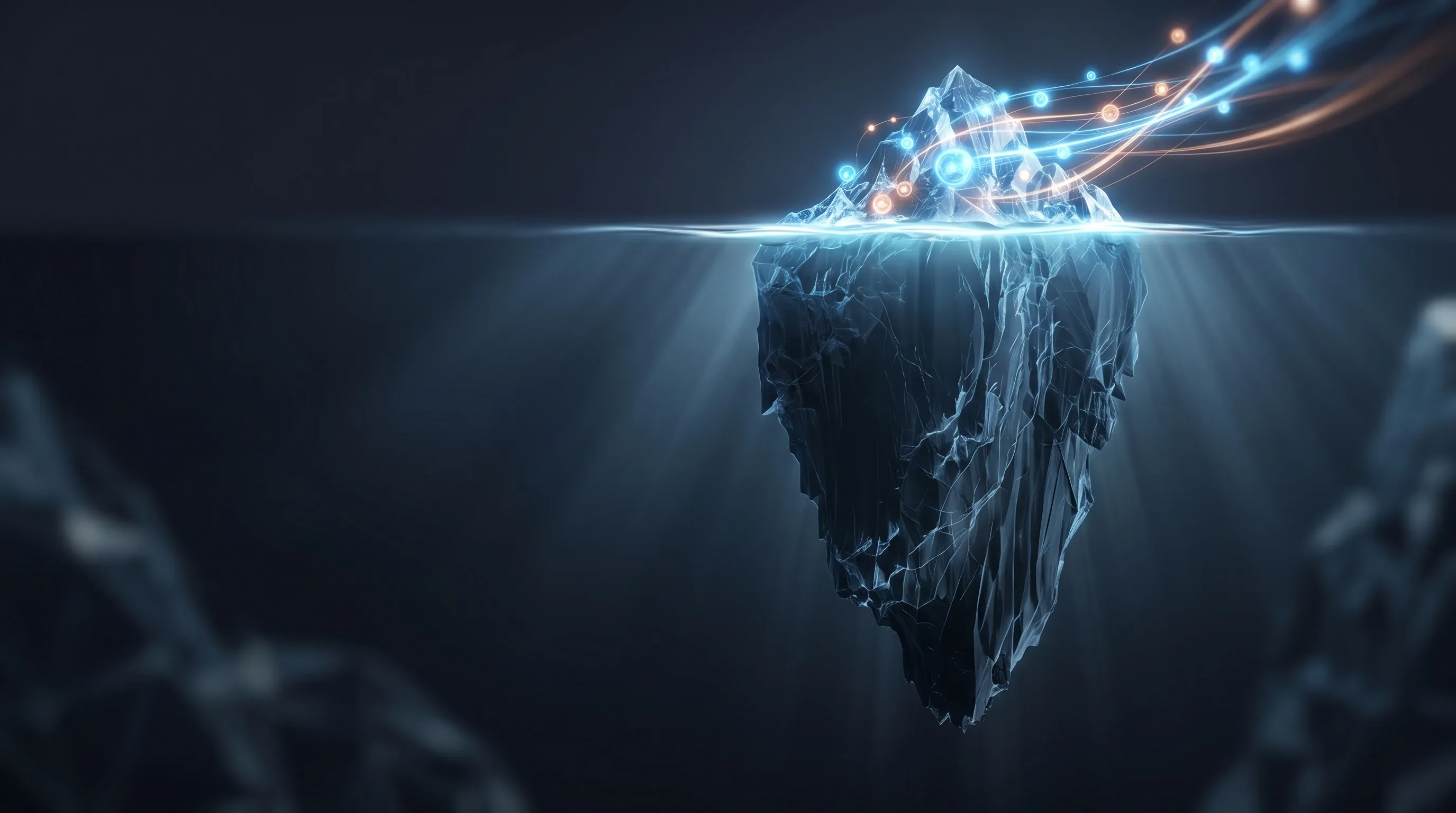 Crystalline iceberg with a small luminous peak above the waterline and a massive fractured structure submerged beneath. The visible accelerated layer of data work above the compounding maintenance burden below.