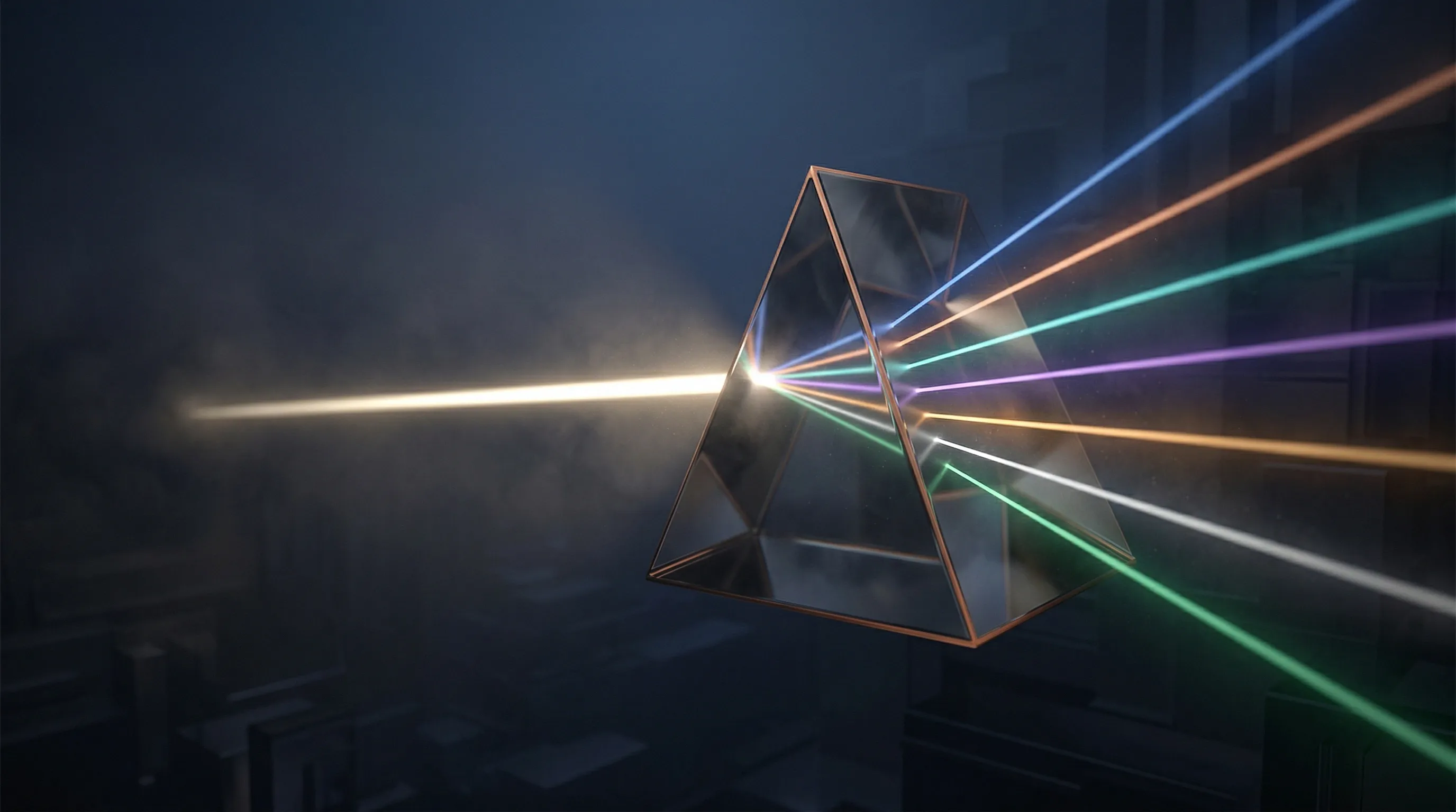A beam of light split through a dark crystal prism into seven distinct wavelengths