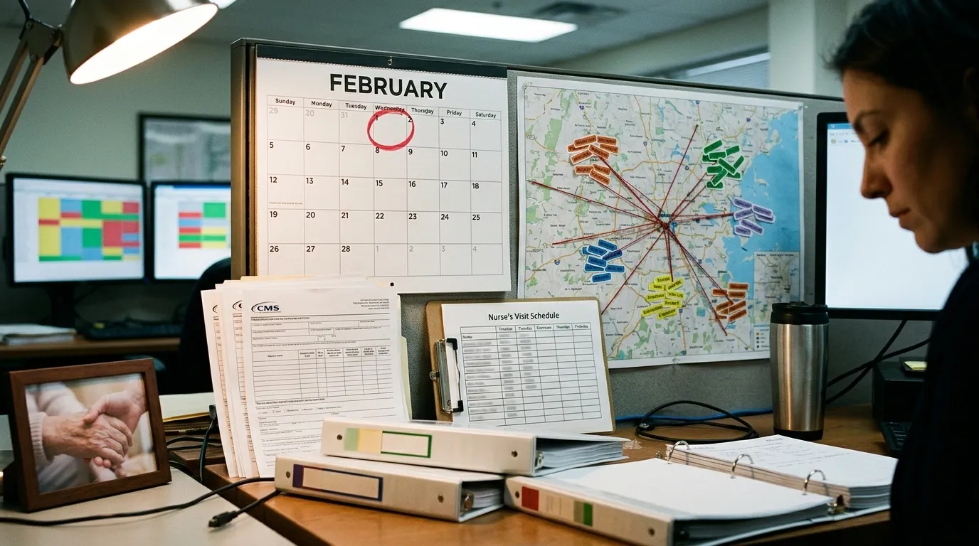 Office desk with February calendar showing a red-circled filing date, CMS forms, nurse visit schedule, and a regional map of care routes