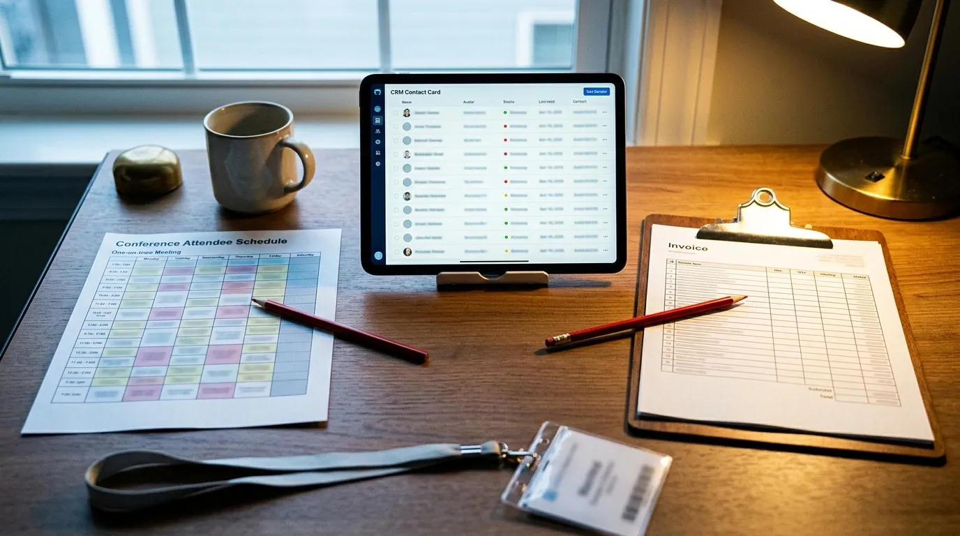 Desk with a tablet showing a CRM contact card beside a conference schedule, invoice clipboard, lanyard, and coffee mug