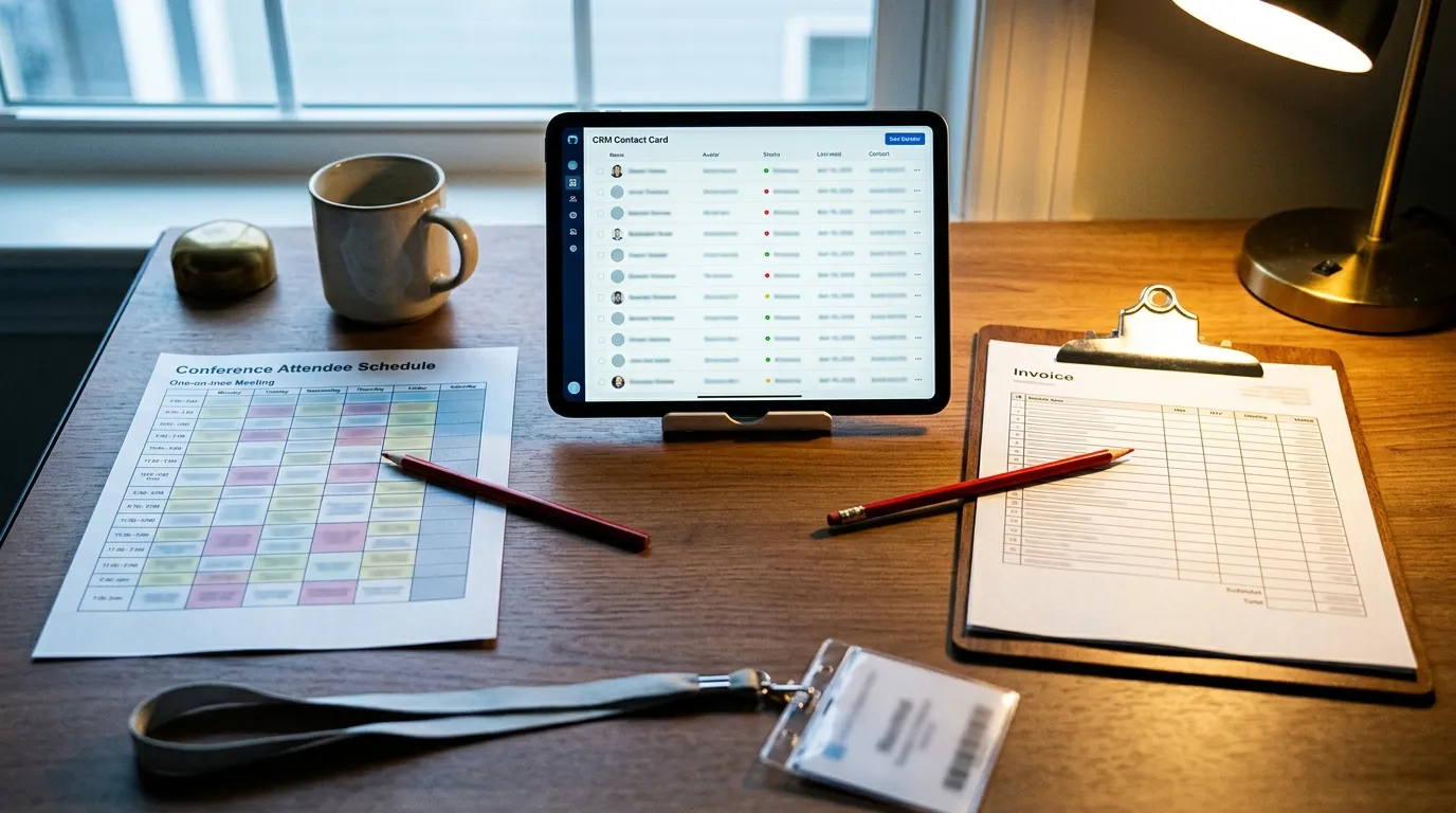 Desk with a tablet showing a CRM contact card beside a conference schedule, invoice clipboard, lanyard, and coffee mug