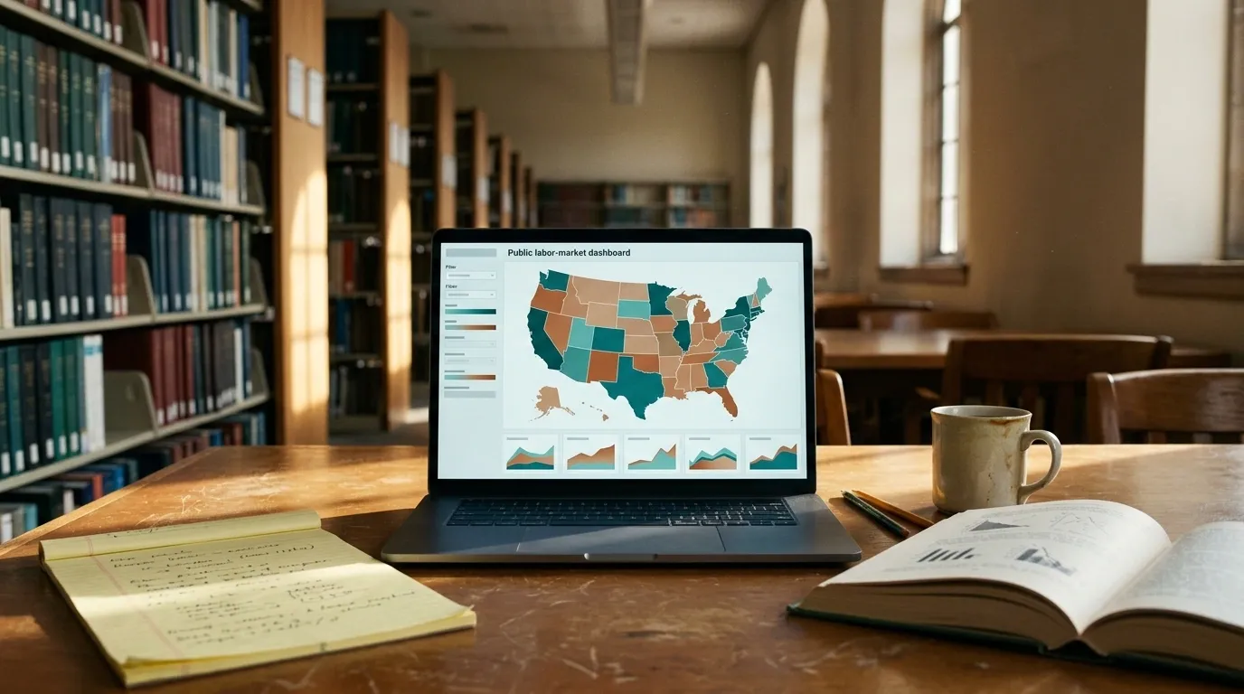 Laptop showing a choropleth US labor-market dashboard on a library reading table beside notes, a reference book, and a coffee mug