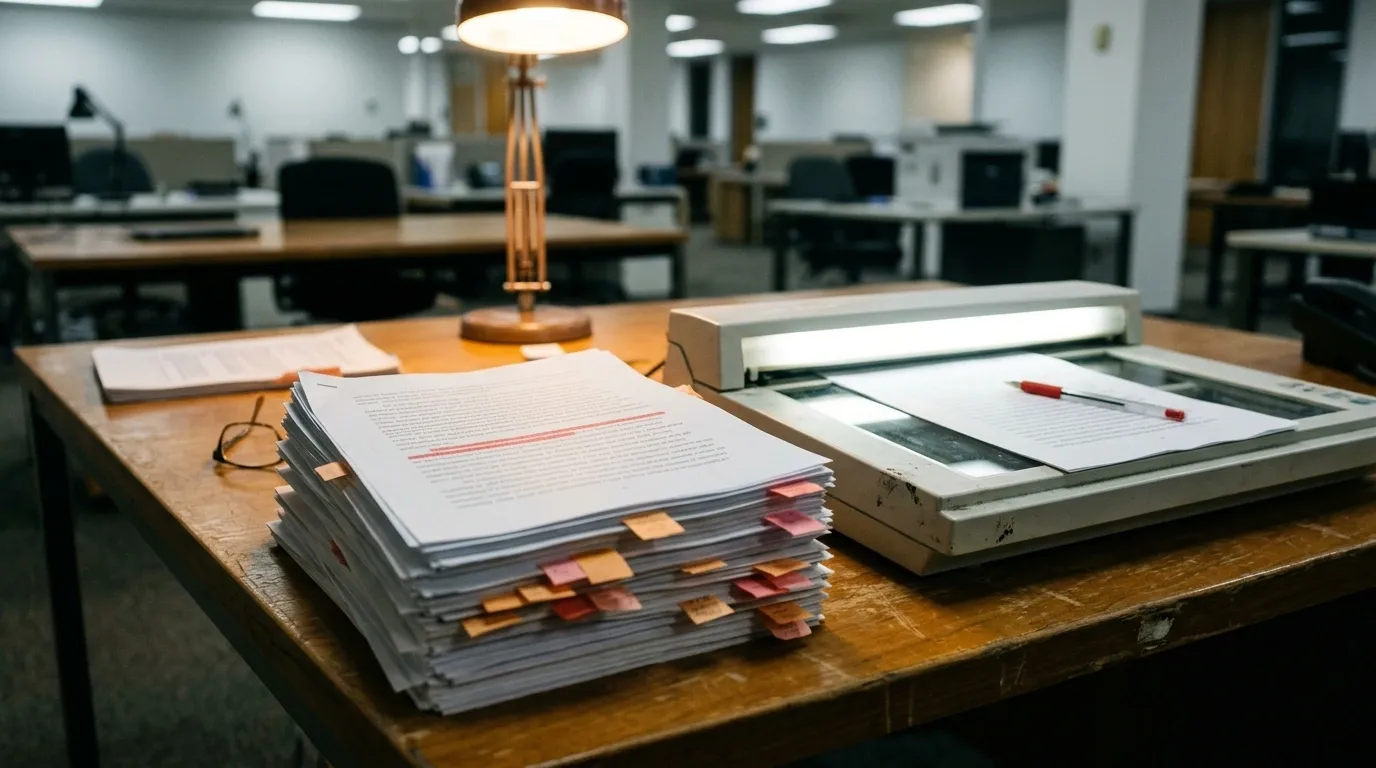 Stack of highlighted paper documents tagged with sticky notes beside a glowing flatbed scanner in a dim records office