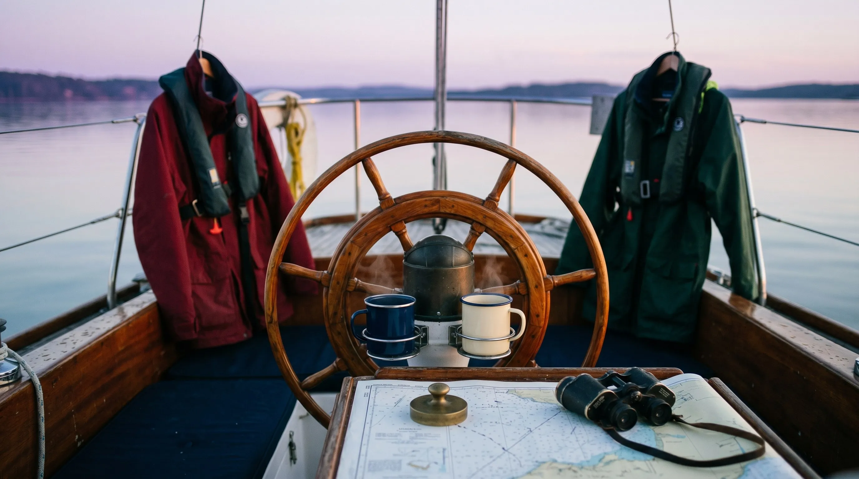 Two-person sailboat cockpit at dawn: a varnished wooden helm wheel centered, two foul-weather jackets in contrasting colors hanging on either side with life vests, two enamel mugs steaming in the gimbal holders, a nautical chart and binoculars on the chart table, glass-flat water beyond.