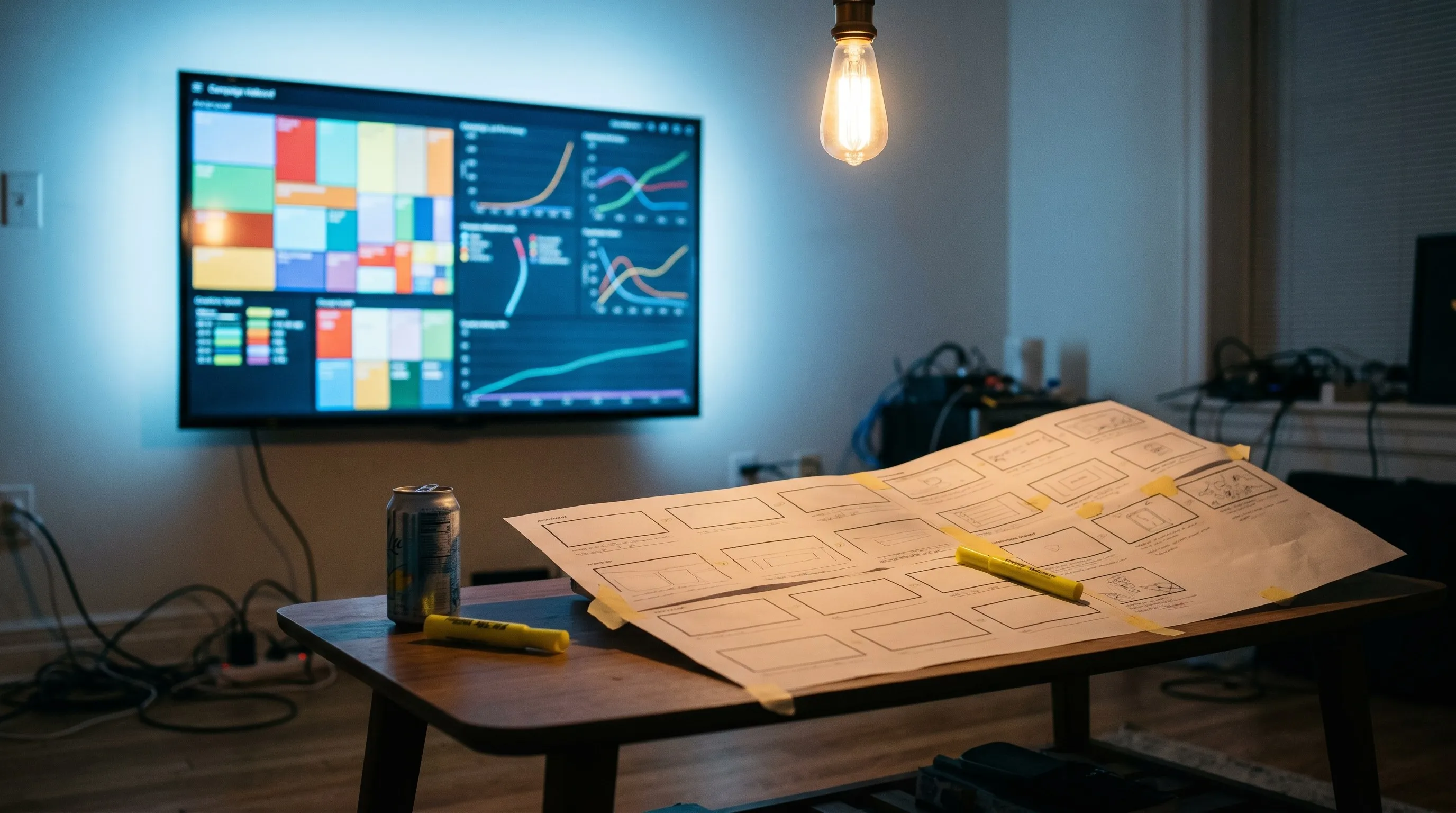 Wall-mounted 55-inch monitor displaying a campaign wallboard of stacked color tiles and curving lines, below it a printed storyboard with a yellow highlighter and a cooling can of seltzer on a low table.